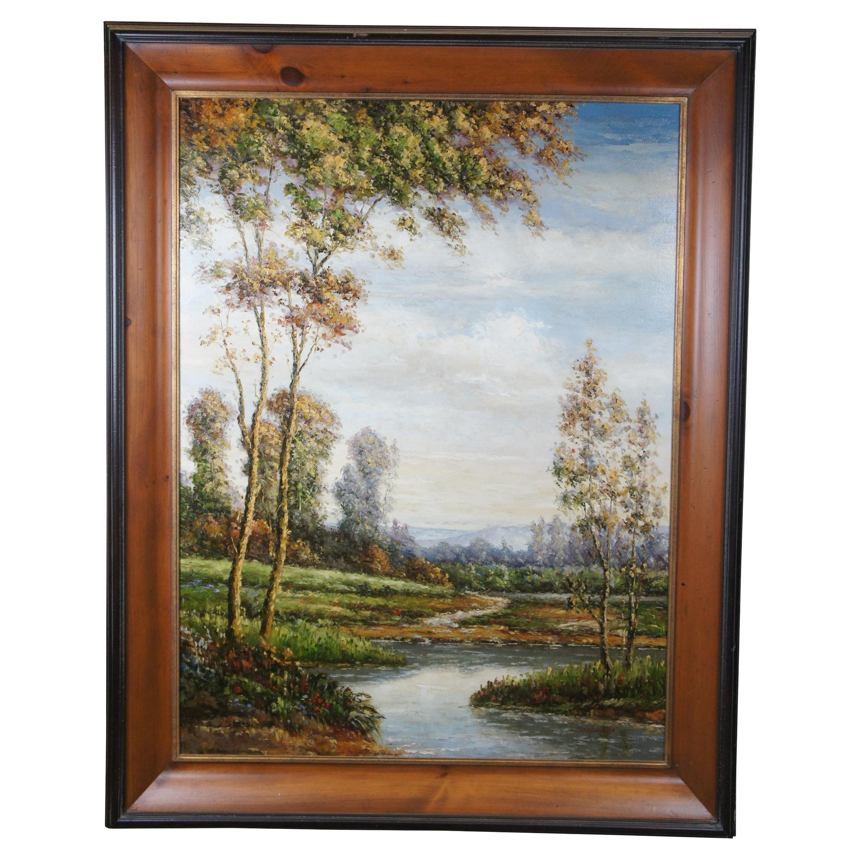 Peinture à l'huile sur toile impressionniste de L Stephano Barbizon - Paysage fluvial 58" en vente
