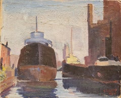 Le port, vue moderniste des bateaux et des bâtiments industriels