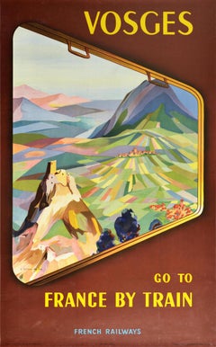 Affiche vintage d'origine Vosges France par train, Chemins de fer français, Montagnes, Château