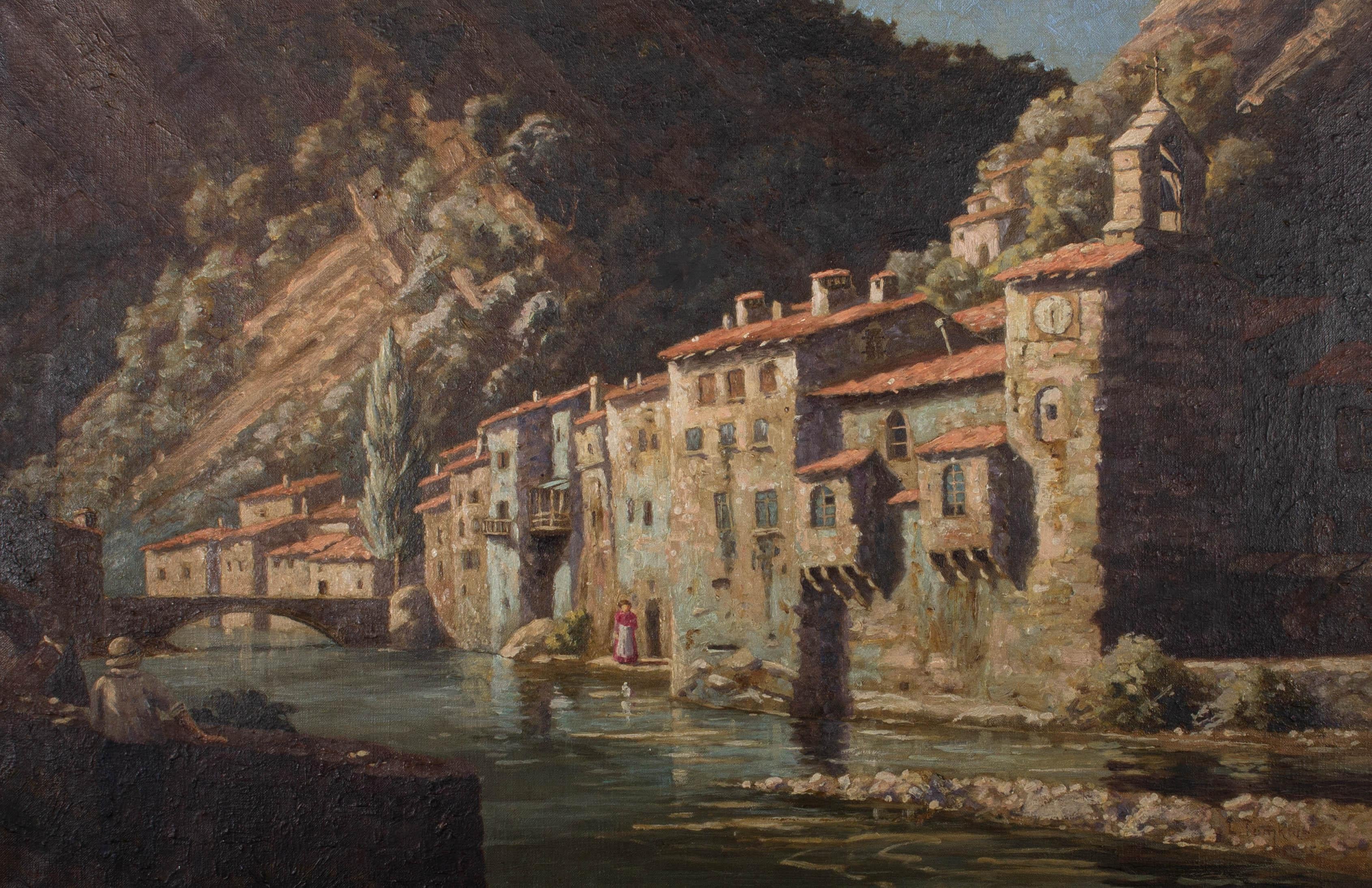 Une vue italienne idyllique de bâtiments historiques au bord d'une rivière, entourée de montagnes. La lumière du soleil rebondit sur l'eau et la pierre des bâtiments, apportant une atmosphère douce et chaleureuse à l'œuvre. Signé et daté sur le bord