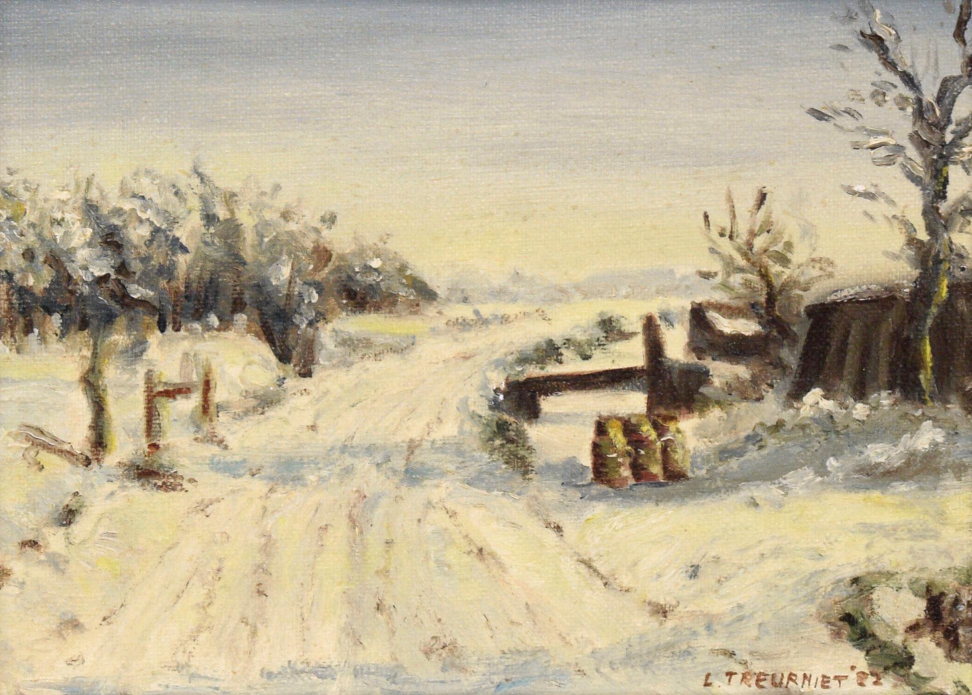 French Country Road in Winter - Landscape - Painting by L. Treurniet