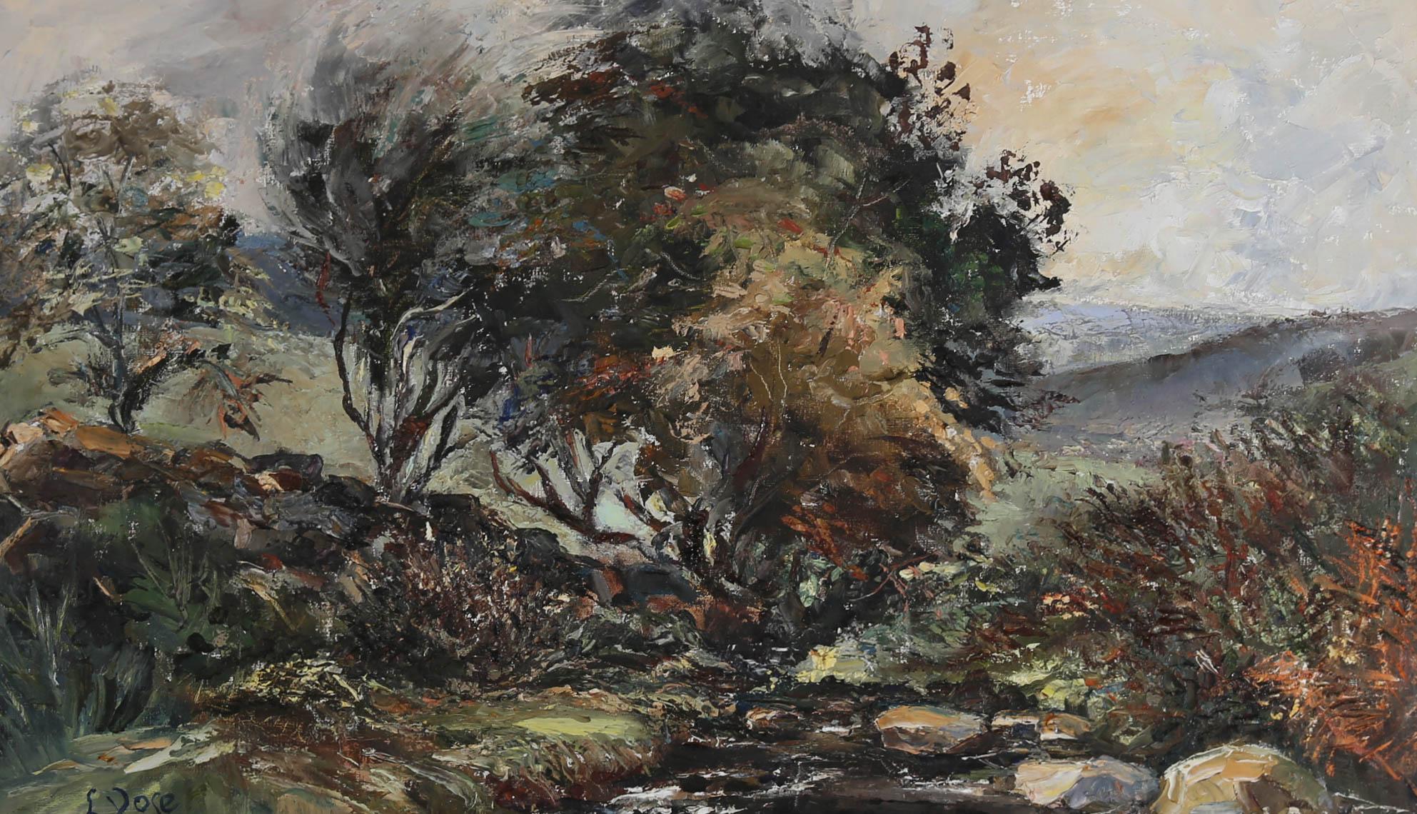 This wonderful impressionist oil depicts a scene from the moorlands of Exmoor with windswept trees and rugged hills. The impasto details created by the artist suggests the weather is about to change with a storm on its way. The painting has been