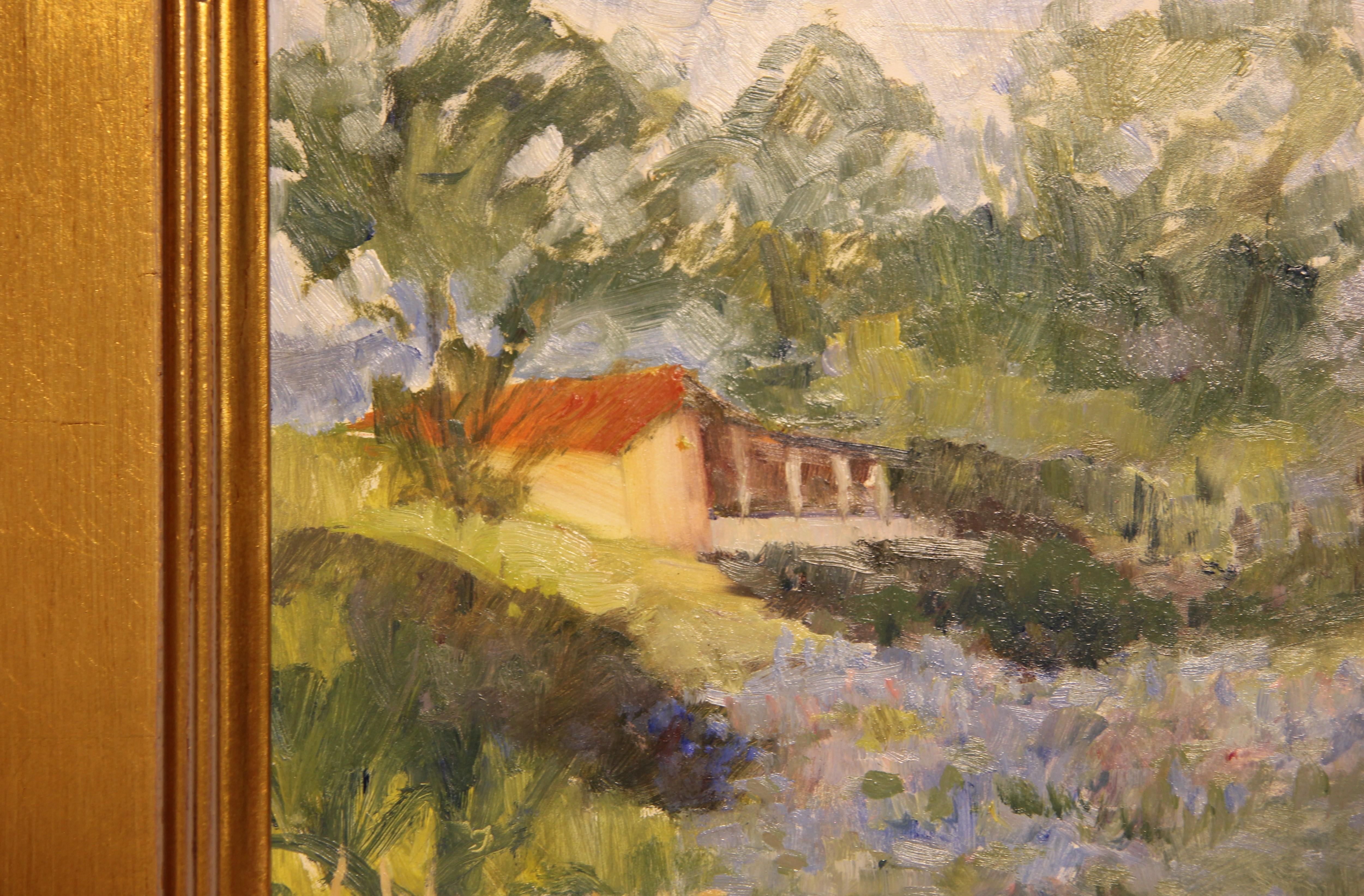 Green Toned Impressionist Landscape with Orange House and Bluebonnets on a Hill - Painting by L. Williams