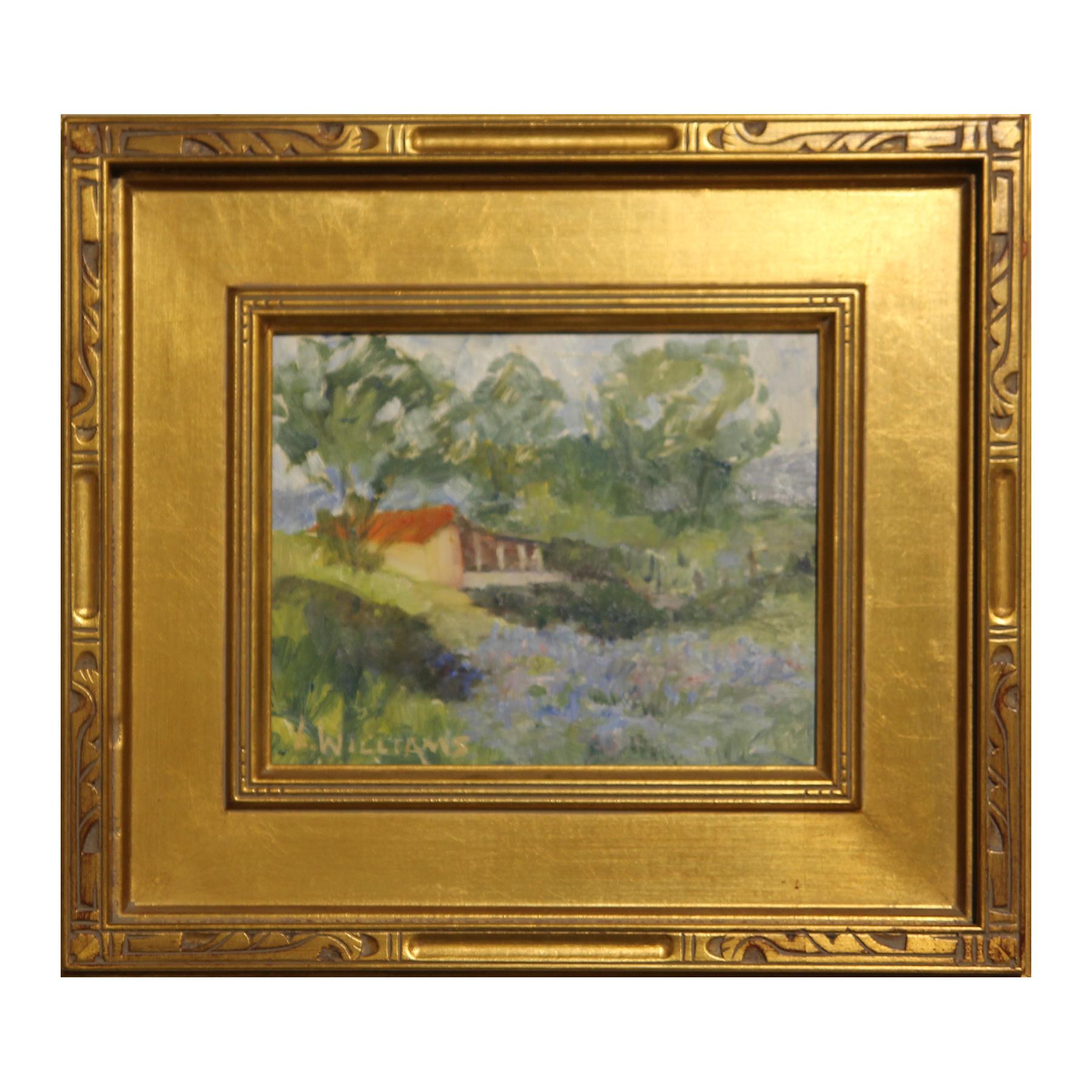 L. Williams Landscape Painting - Green Toned Impressionist Landscape with Orange House and Bluebonnets on a Hill