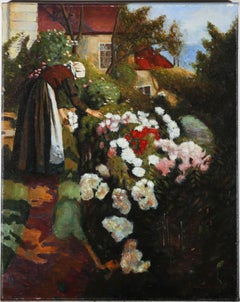 L. Williams - 20th Century Acrylic, Tending to the Dahlias