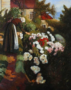 L. Williams - 20th Century Acrylic, Tending to the Dahlias