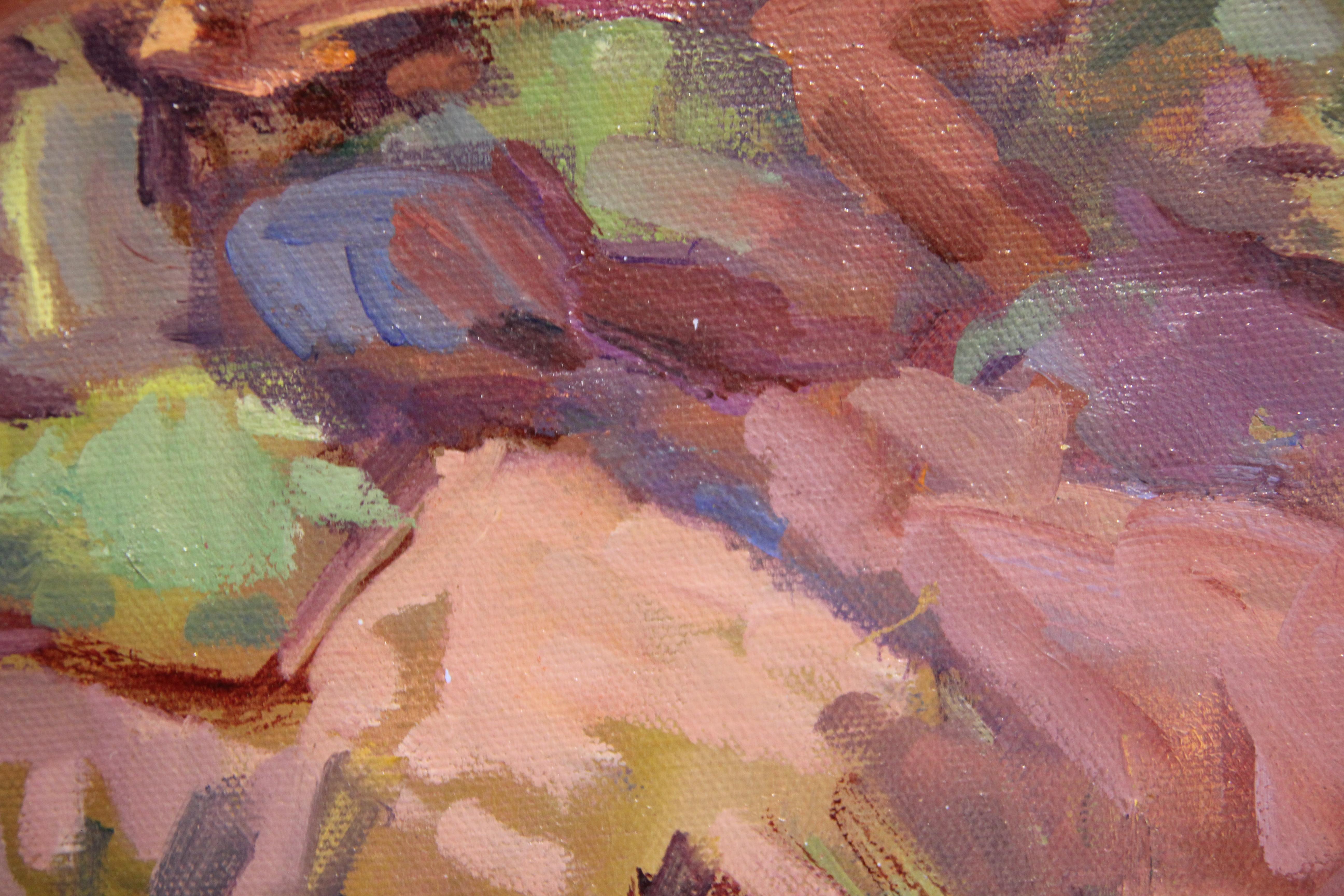Southwest Impressionist Rocky Desert Landscape Painting with Purple Flowers  1