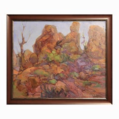 Southwest Impressionist Rocky Desert Landscape Painting with Purple Flowers 