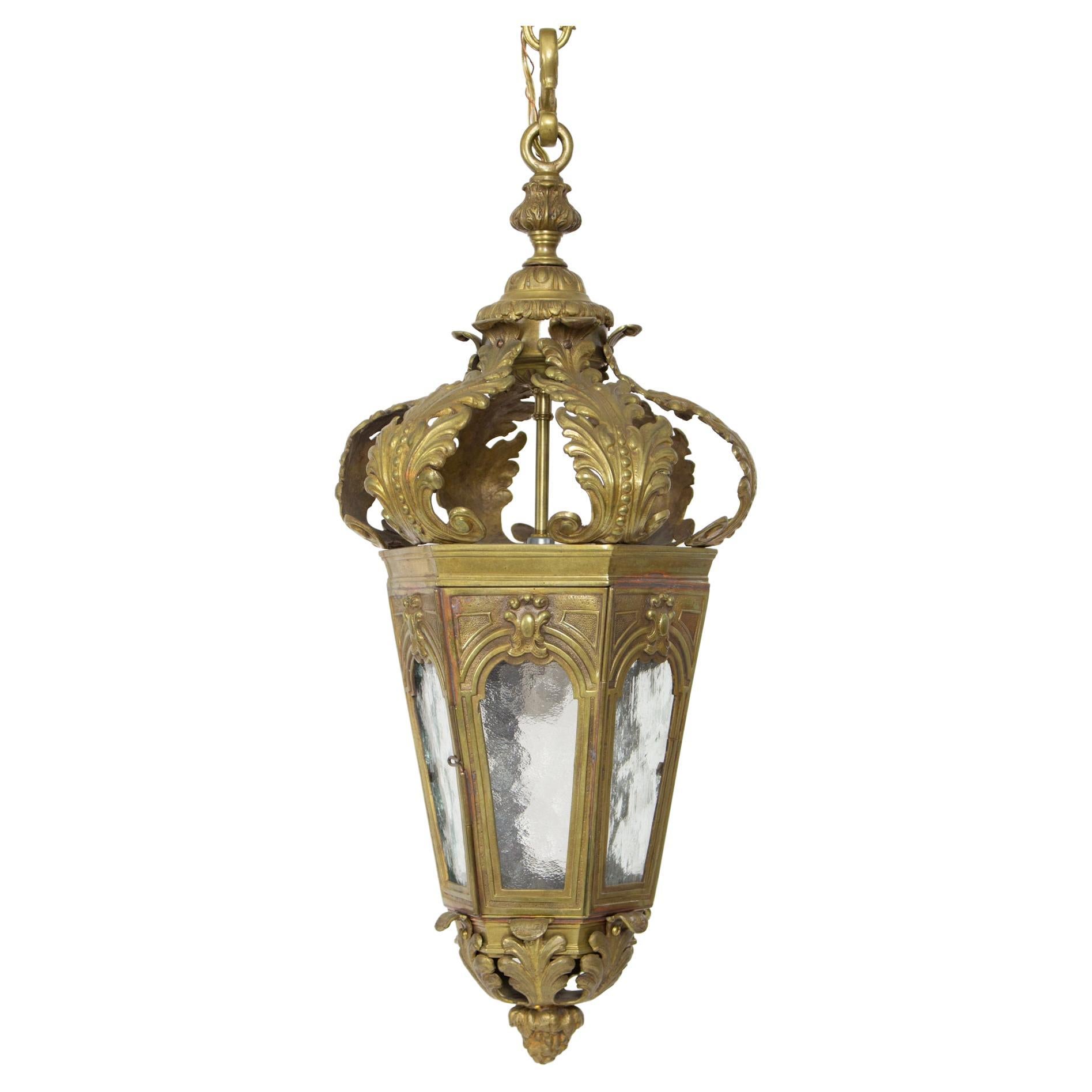 L107 Bronze and Glass Foliate Lantern For Sale