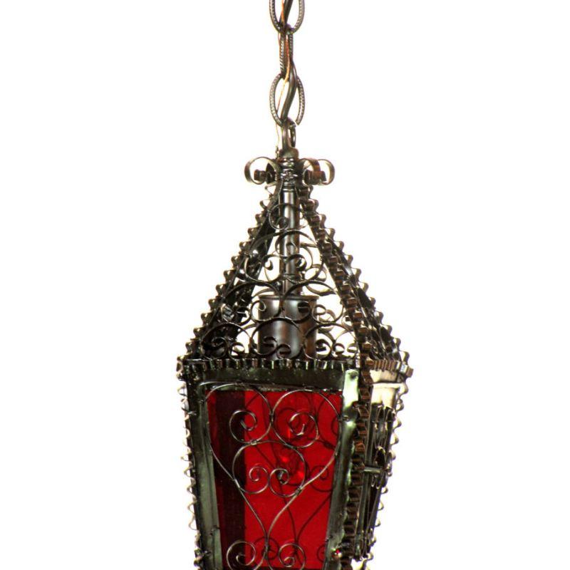 Arts and Crafts L116 Small Venetian Wrought Iron Lantern with Red Glass For Sale
