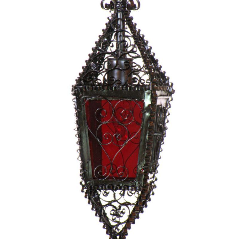 Italian L116 Small Venetian Wrought Iron Lantern with Red Glass For Sale