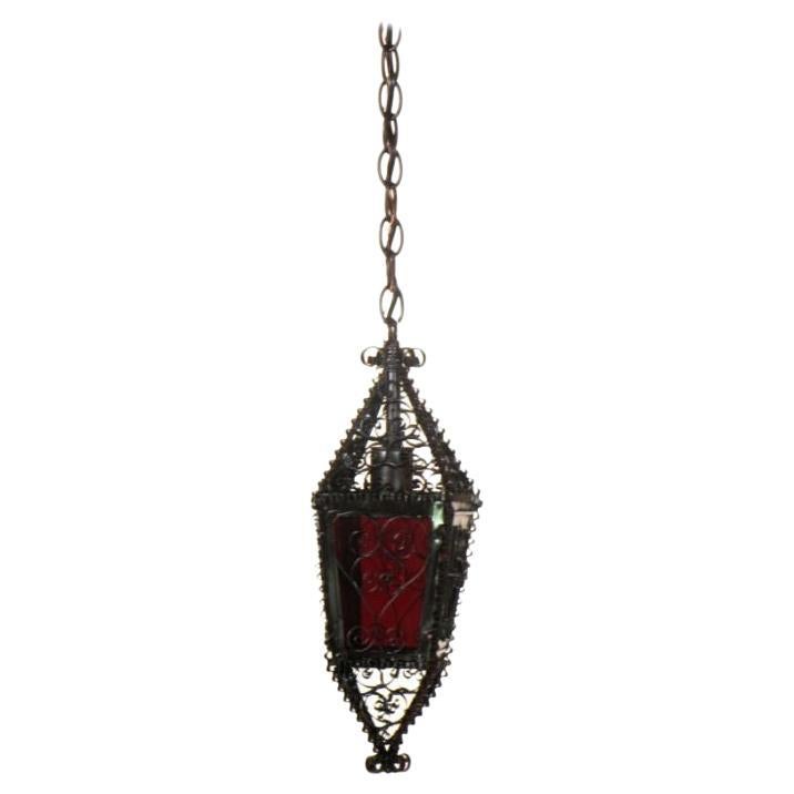 L116 Small Venetian Wrought Iron Lantern with Red Glass For Sale