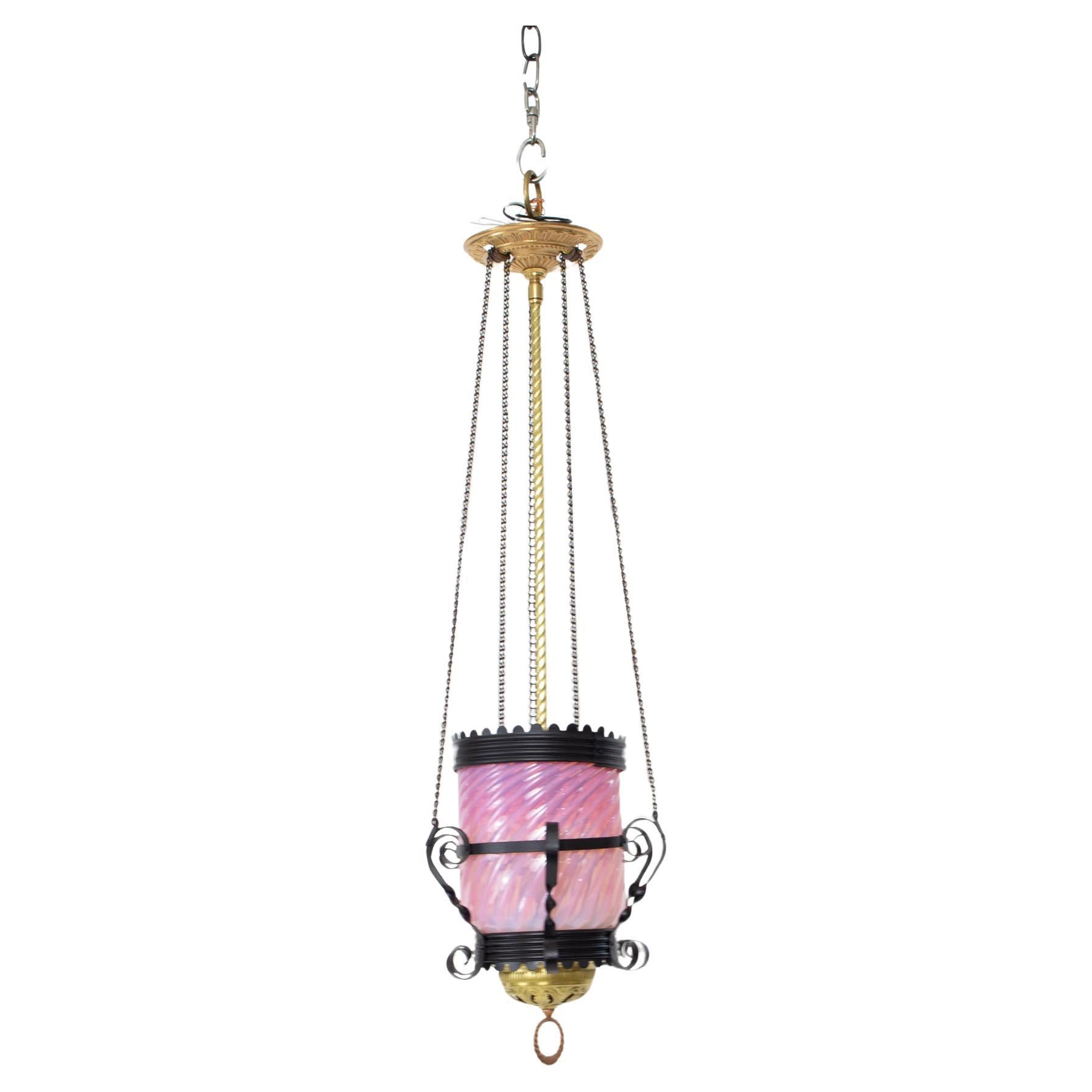 L122 Victorian Pink Swirled Glass Oil Lantern with Iron and Brass For Sale