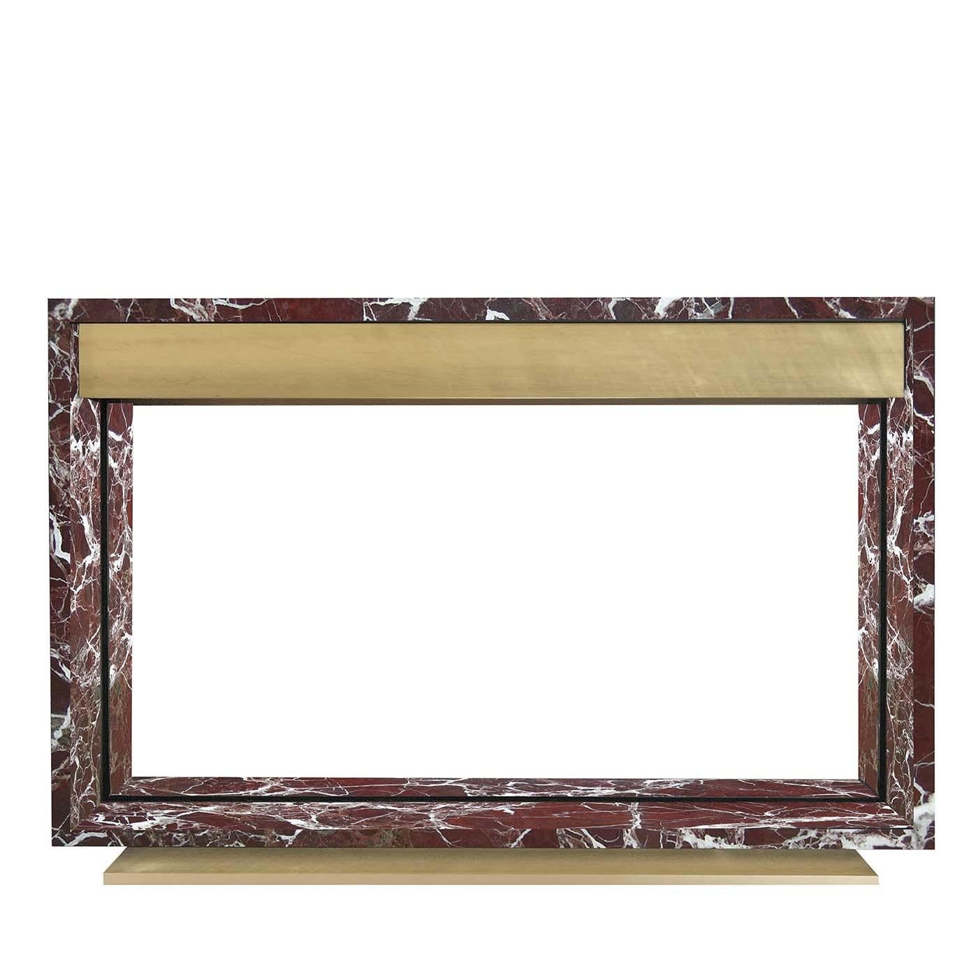 Combining a Minimalist silhouette with noble materials, this chic and modern table lamp will enrich a console, private studio or bedroom dresser with timeless elegance. The rectangular open frame is fashioned of red marble, whose intense color fires