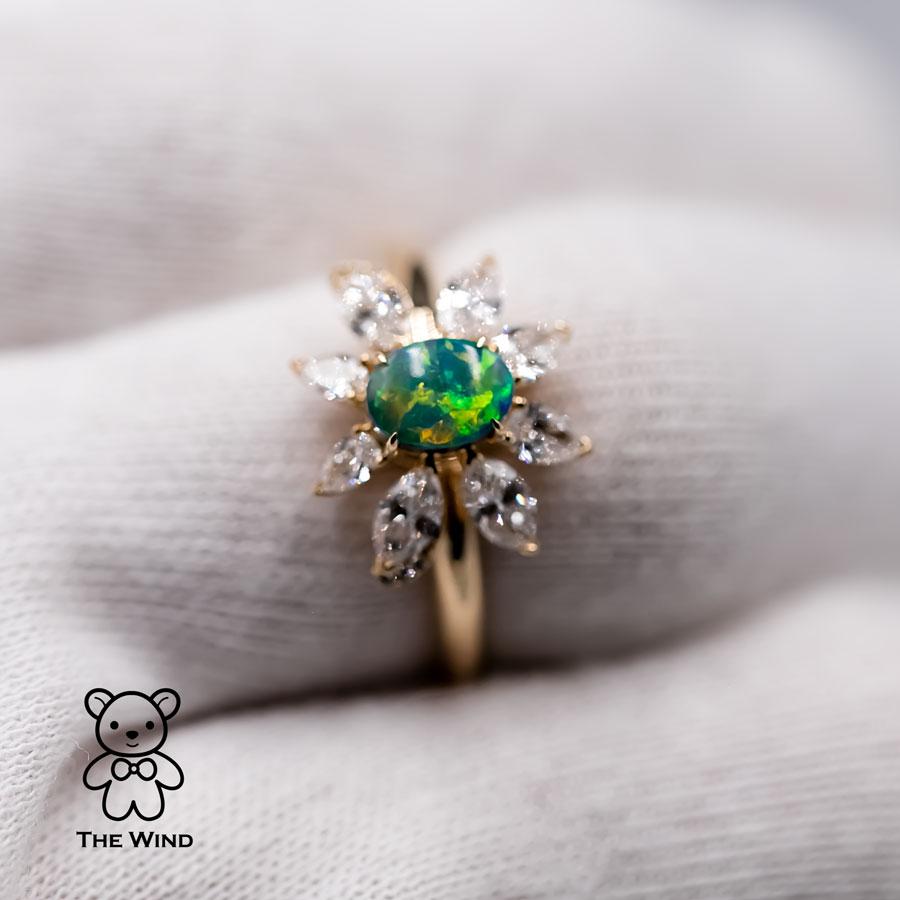 Brilliant Cut La Angel - B5 Vivid Black Opal Marquise Diamond Engagement Ring 18K Yellow Gold For Sale