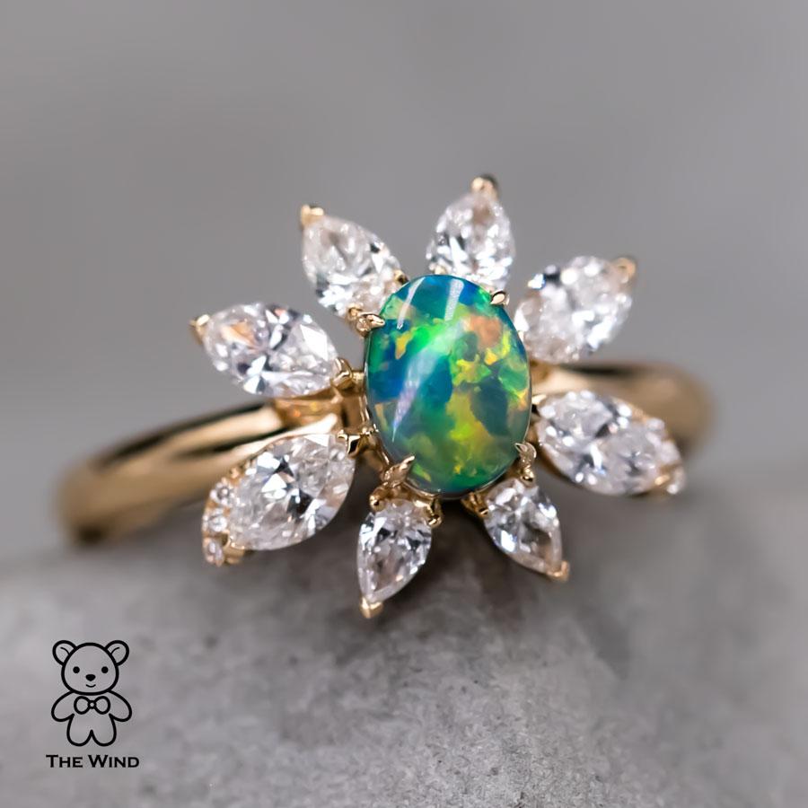Women's La Angel - B5 Vivid Black Opal Marquise Diamond Engagement Ring 18K Yellow Gold For Sale