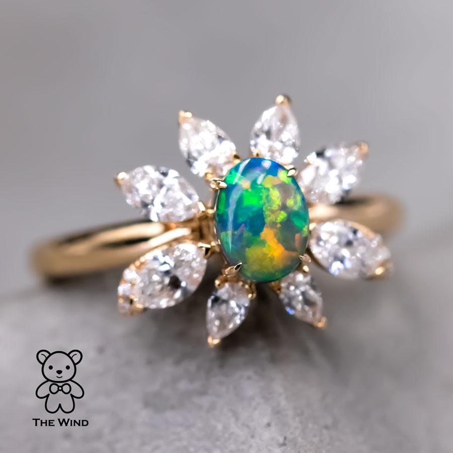 La Angel - B5 Vivid Black Opal Marquise Diamond Engagement Ring 18K Yellow Gold For Sale 1