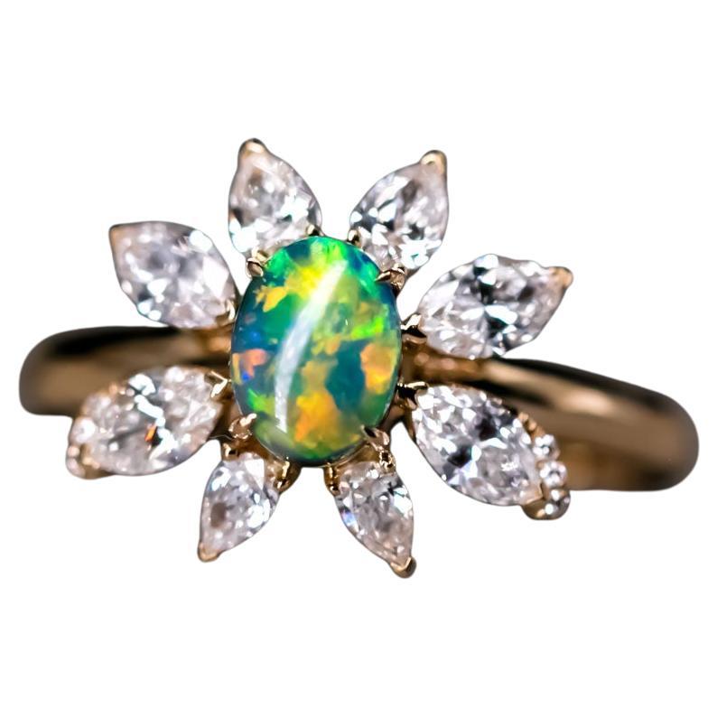 La Angel - B5 Vivid Black Opal Marquise Diamond Engagement Ring 18K Yellow Gold For Sale