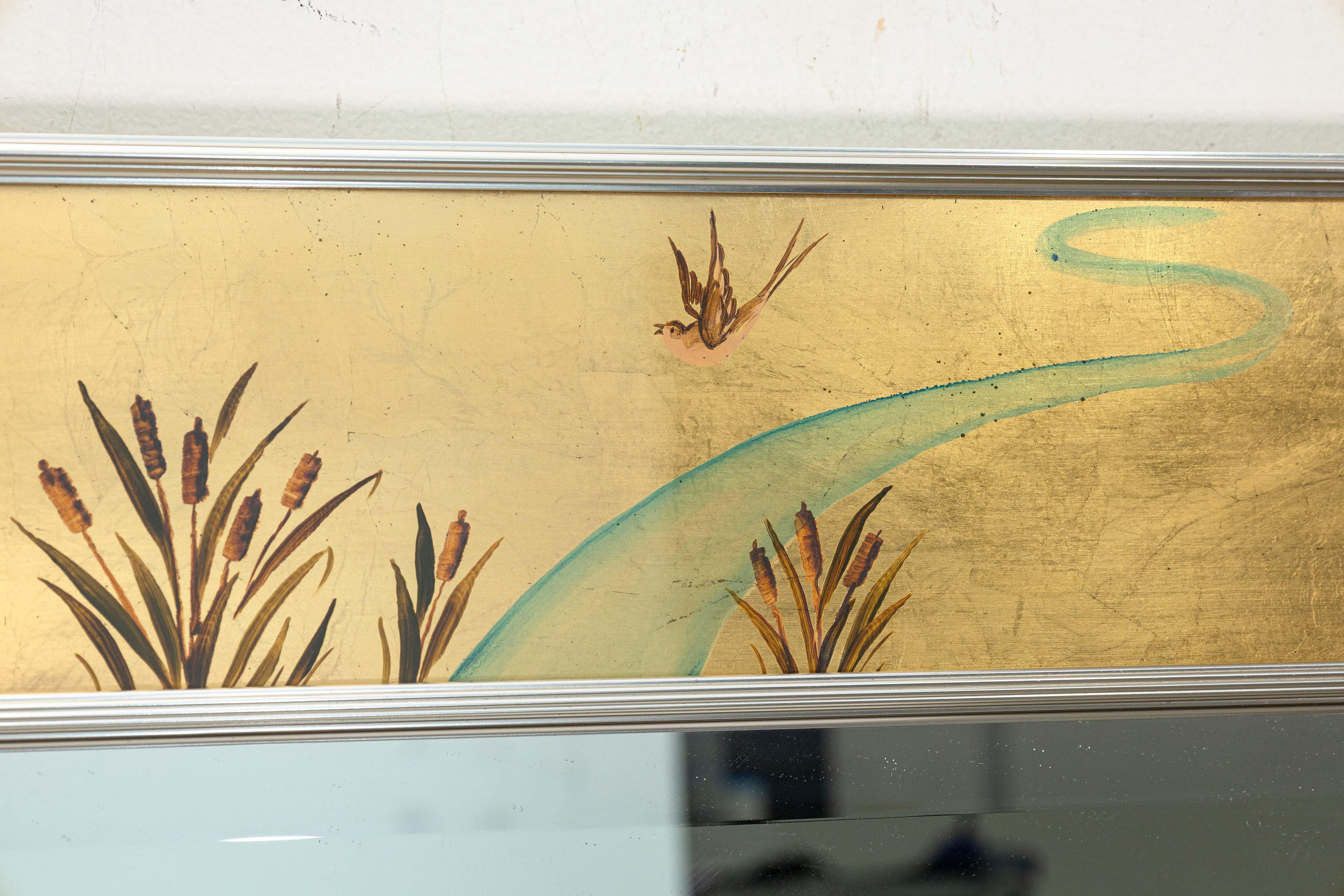Other La Barge 1976 Signed Dee Wingard Ornate Hand Painted Mirror with Chrome Accents