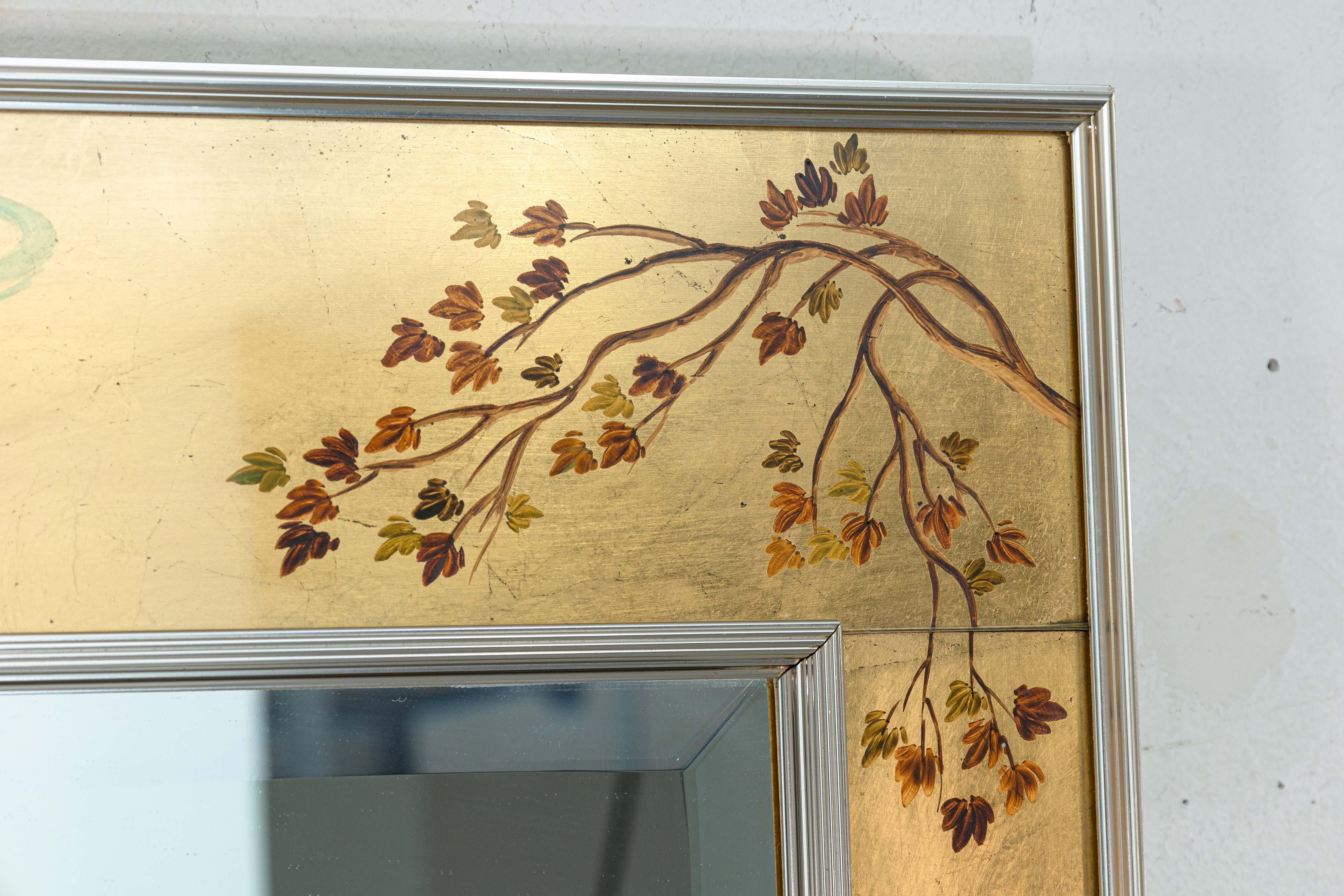 American La Barge 1976 Signed Dee Wingard Ornate Hand Painted Mirror with Chrome Accents