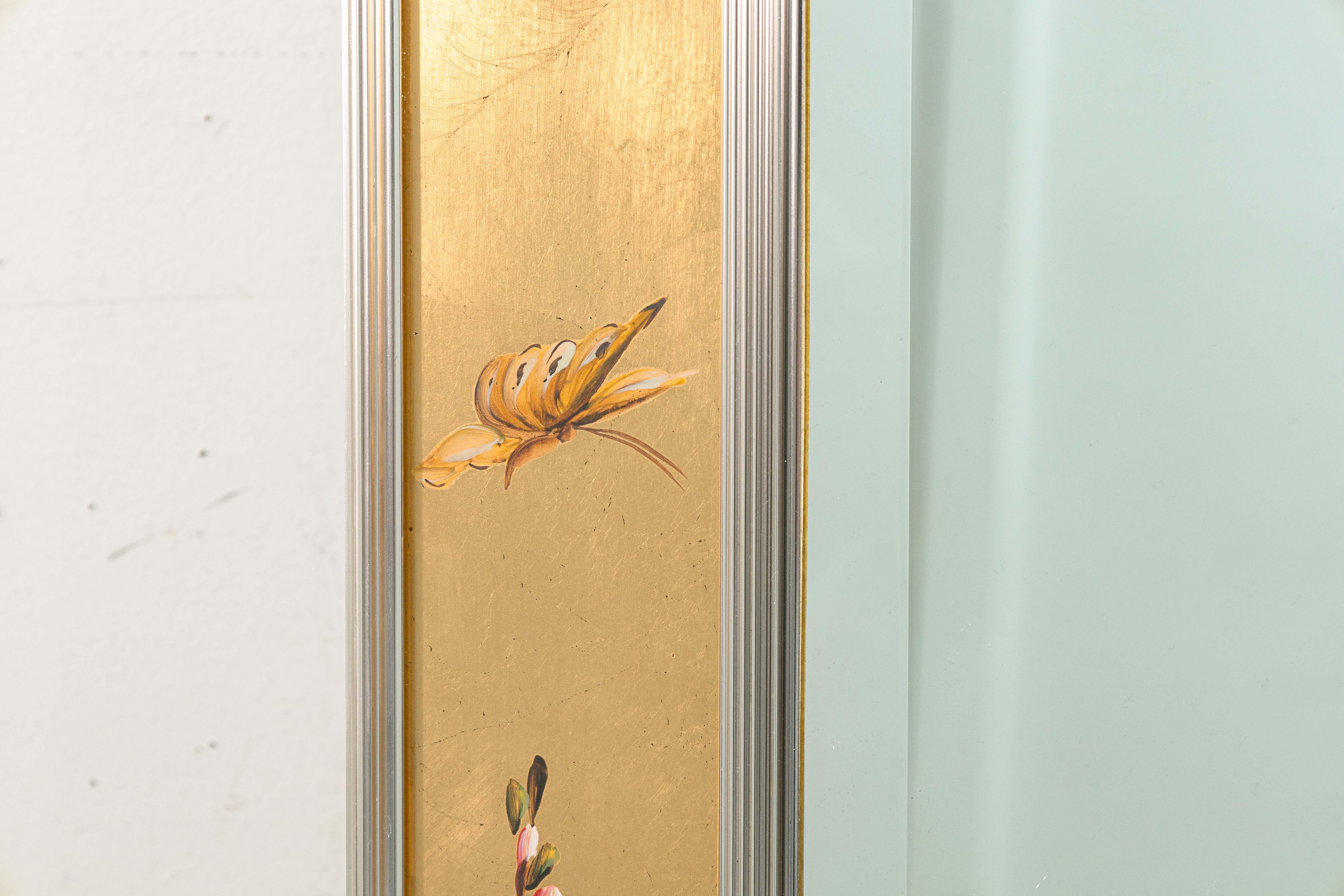 La Barge 1976 Signed Dee Wingard Ornate Hand Painted Mirror with Chrome Accents In Good Condition In Keego Harbor, MI
