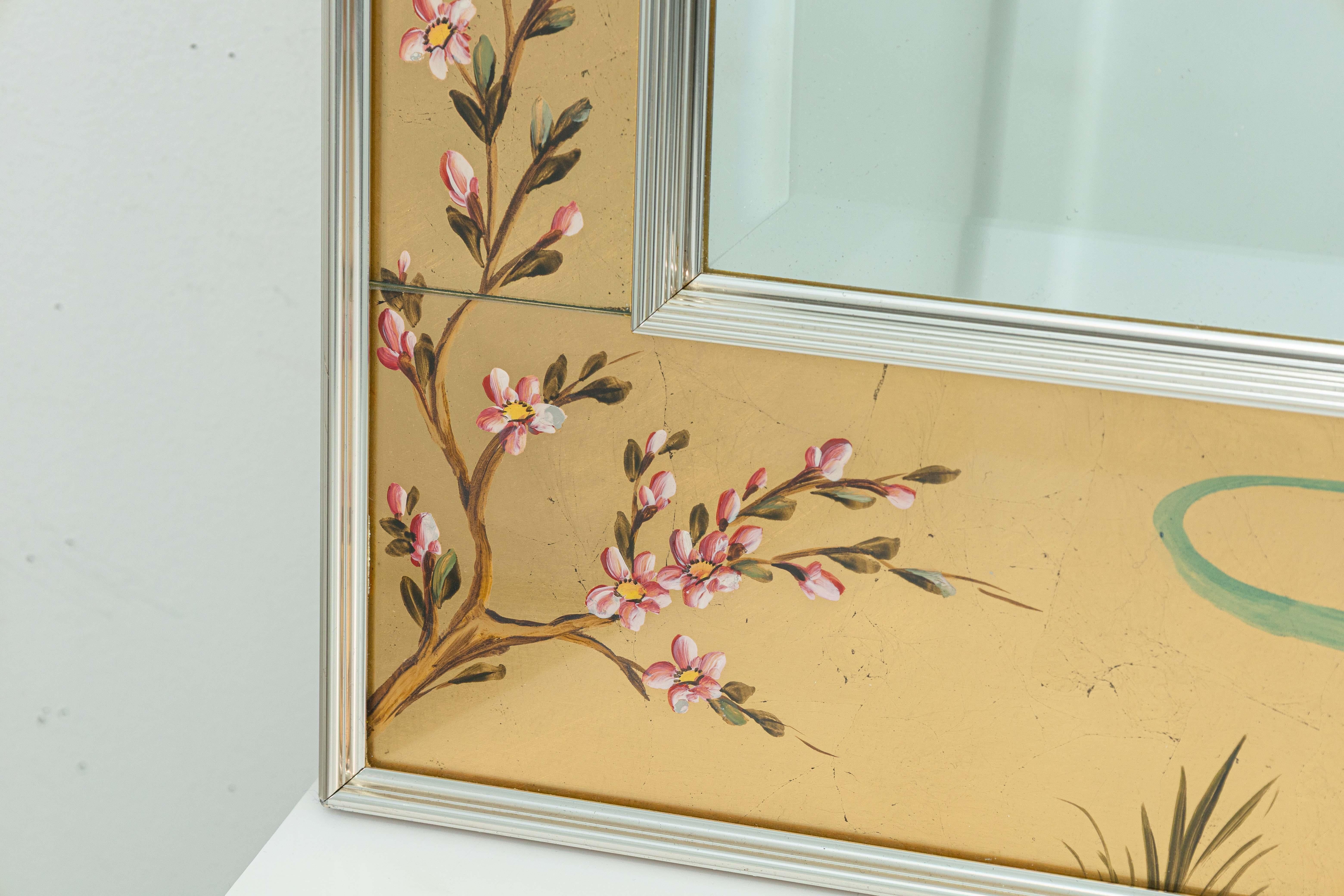 20th Century La Barge 1976 Signed Dee Wingard Ornate Hand Painted Mirror with Chrome Accents