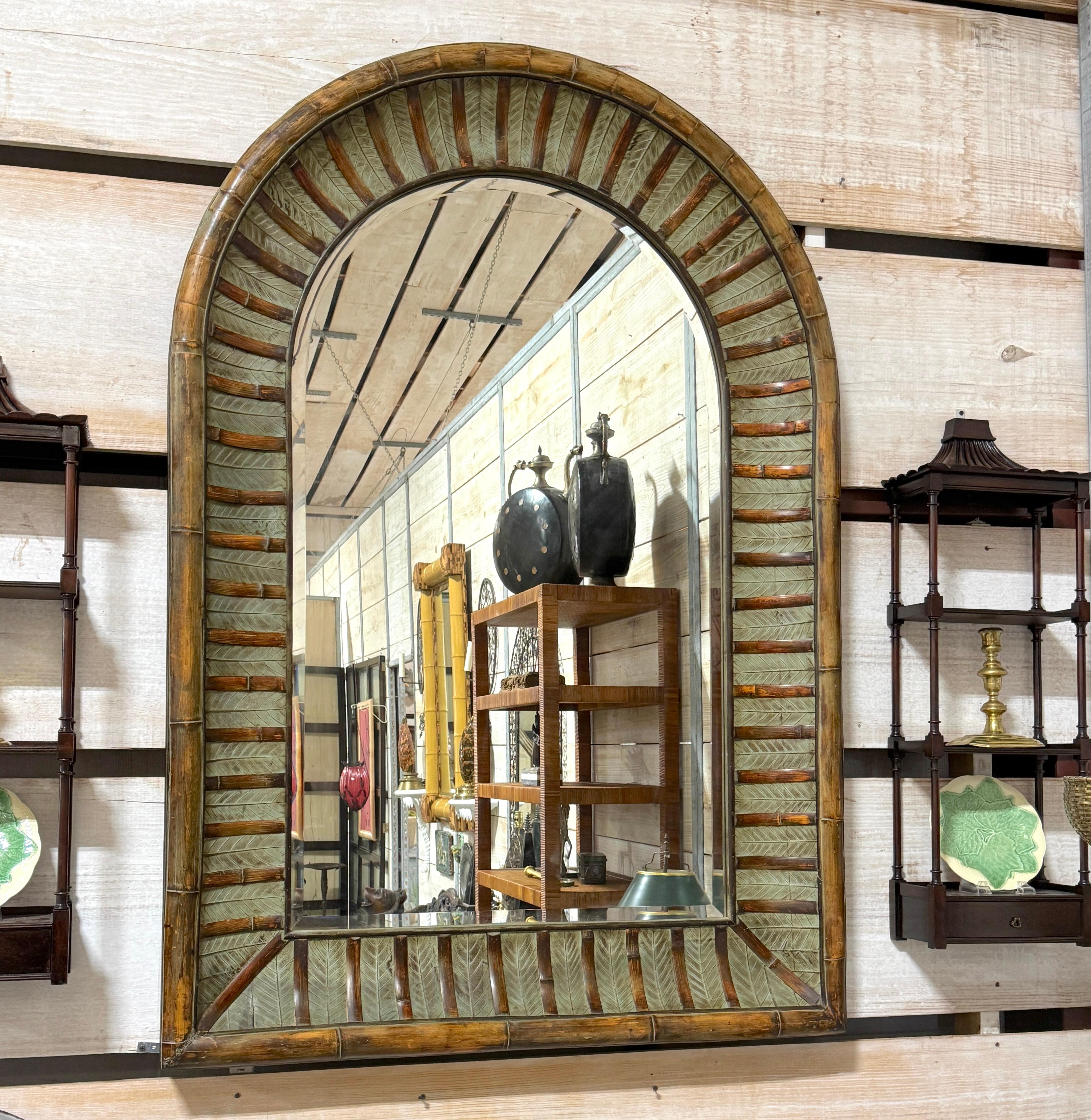 La Barge Arch Top Polychromed Bamboo & Leaf Motif Beveled Mirror In Good Condition For Sale In West Palm Beach, FL