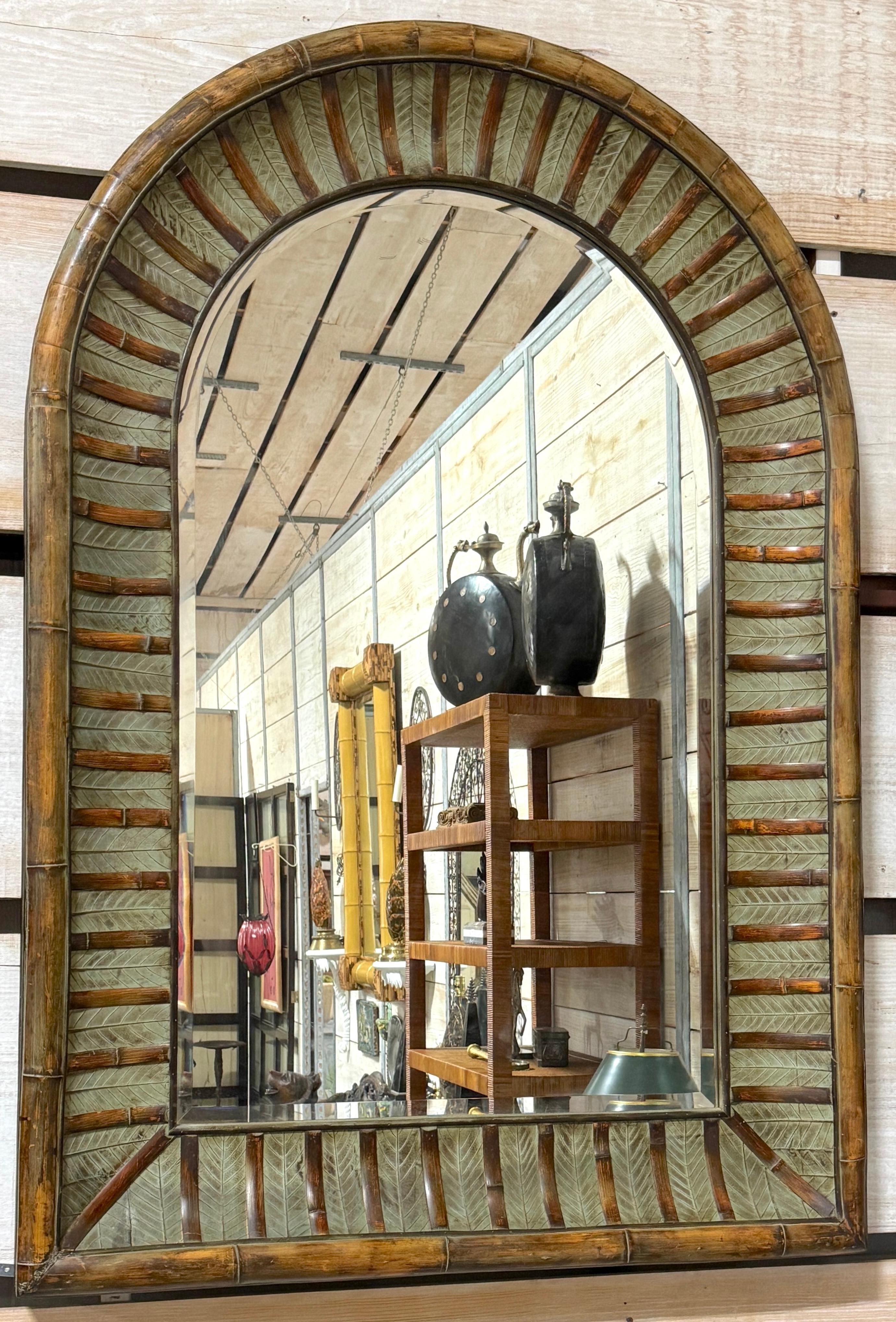 20th Century La Barge Arch Top Polychromed Bamboo & Leaf Motif Beveled Mirror For Sale