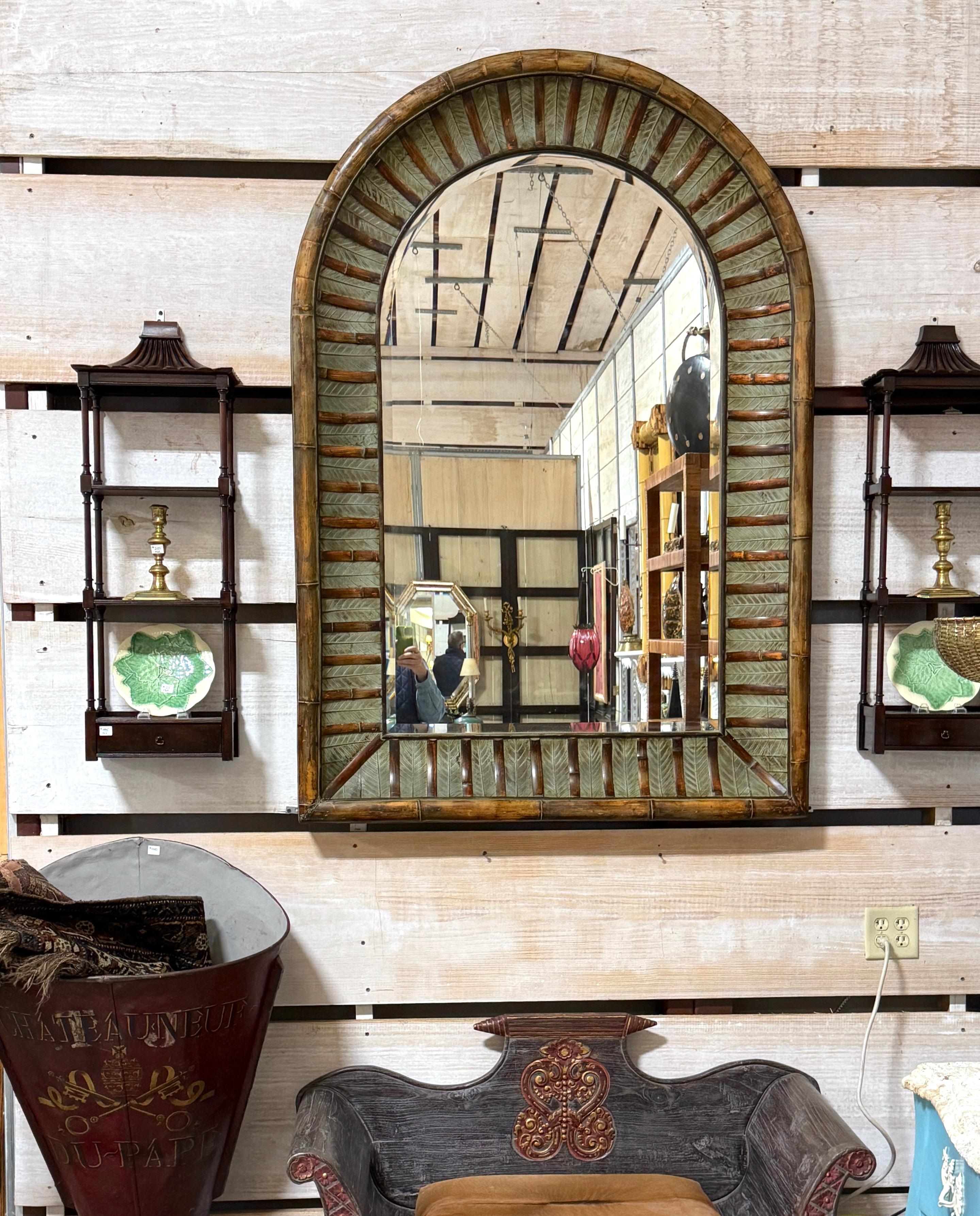La Barge Arch Top Polychromed Bamboo & Leaf Motif Beveled Mirror For Sale 5