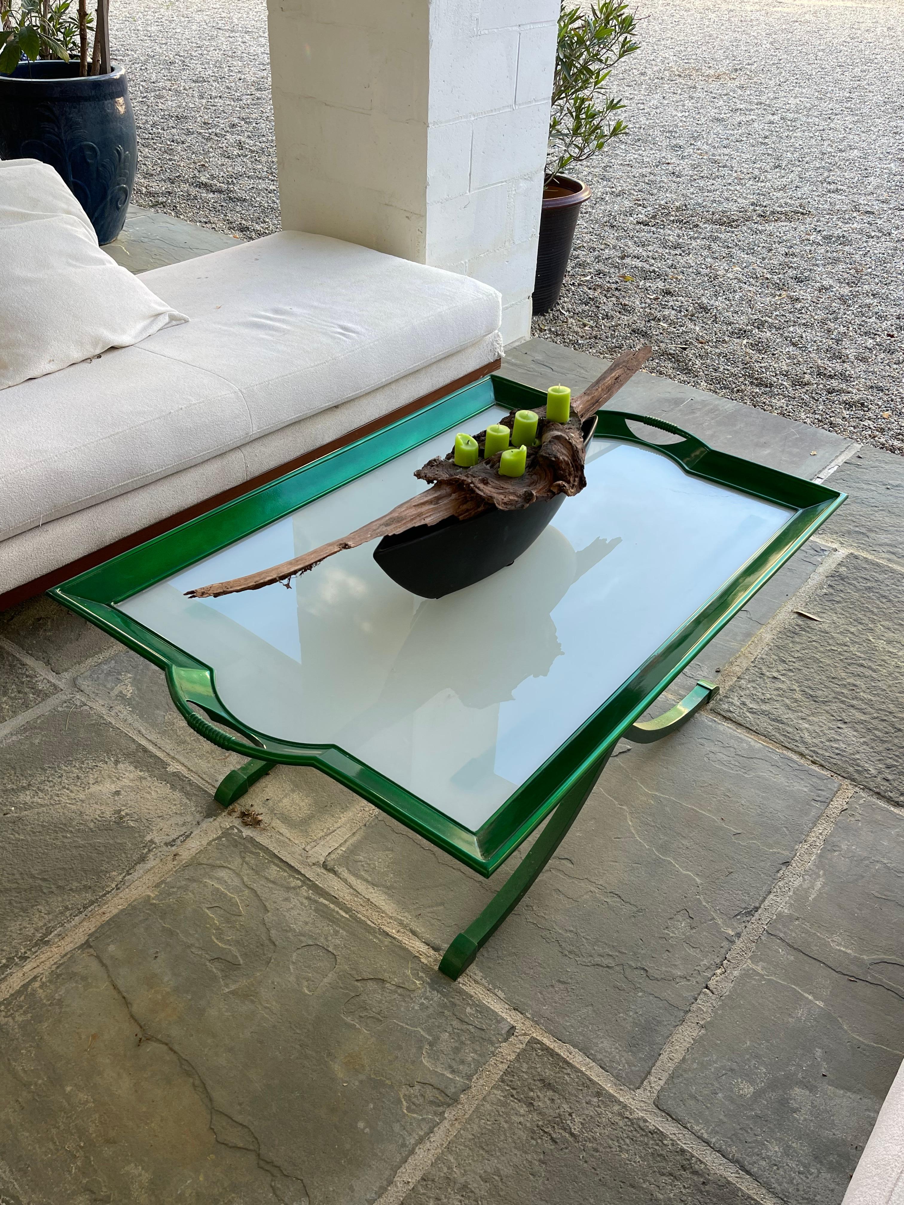 A Unique Green La Barge Glass Top Coffee Table  In Excellent Condition For Sale In New Haven, CT