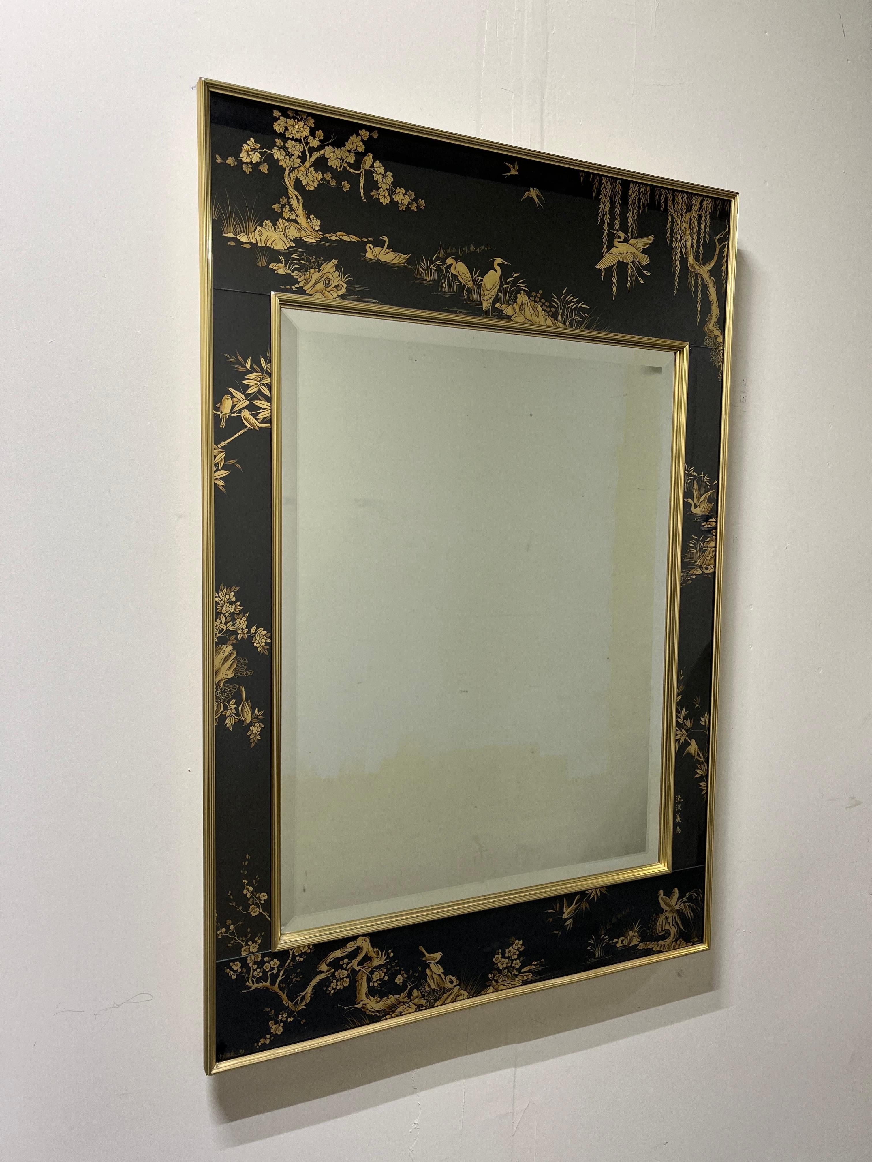 LaBarge eglomise chinoiserie mirror with rare black background. These are hand-painted in reverse on the back of the glass frame and artist signed in the lower corner. The Mirror inset is beveled. 
Curbside to NYC/Philly $300