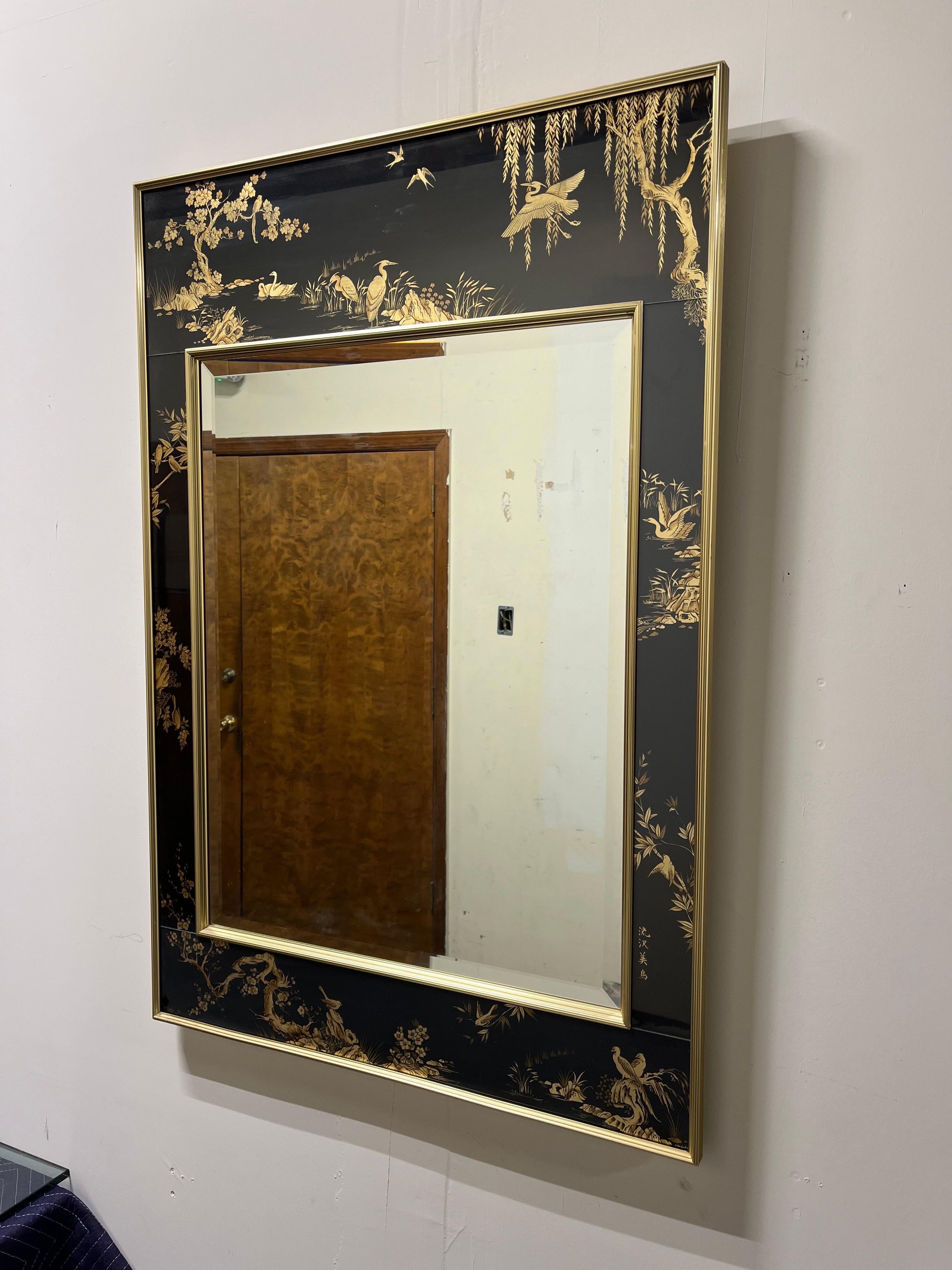 American La Barge Eglomise Chinoiserie Mirror with Rare Black Background For Sale