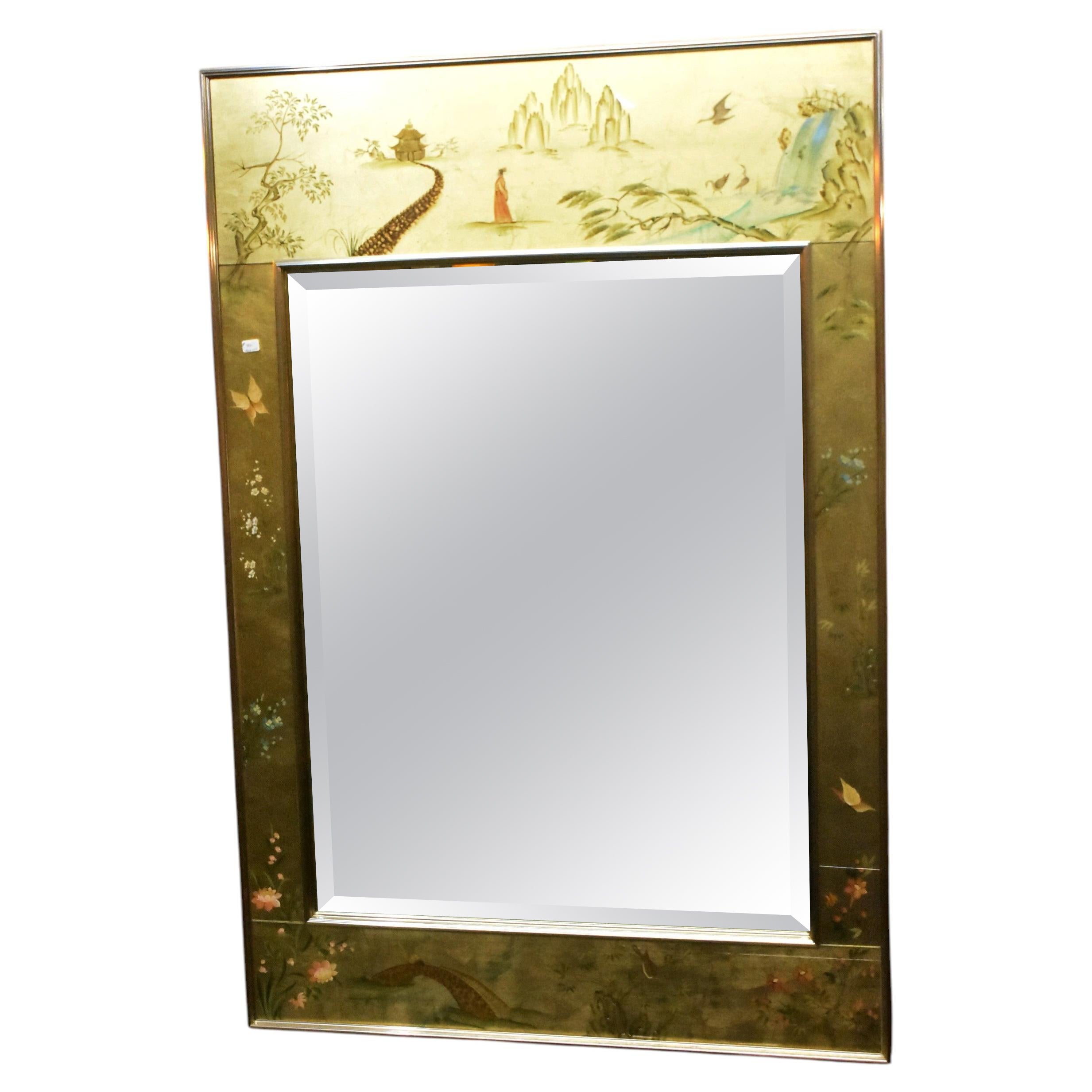 LA Barge Églomisé Reverse Painted Asian Style Gold Beveled Wall Mirror For Sale