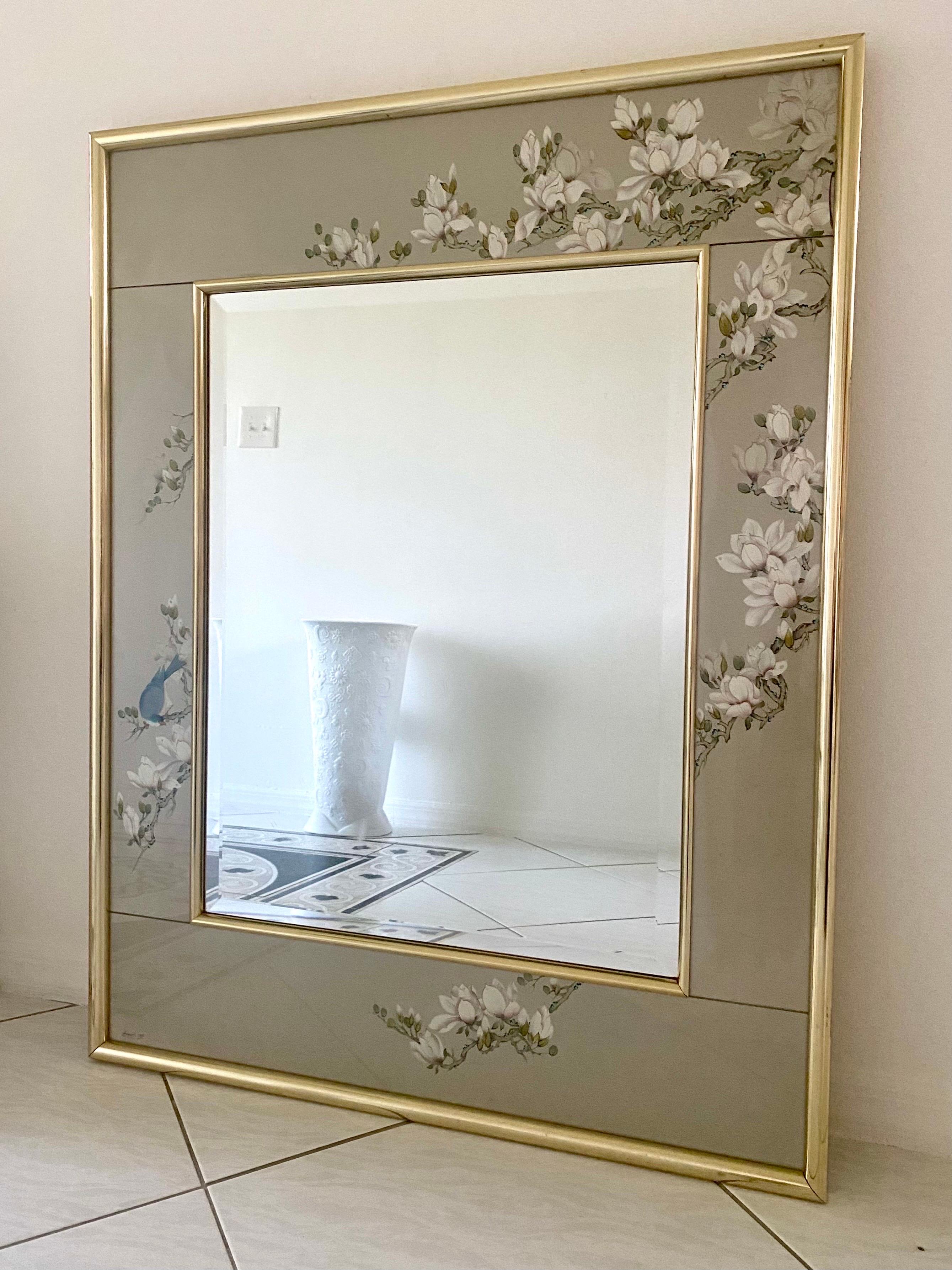 La Barge Hand Painted Eglomise Glass Frame with Beveled Mirror For Sale 6
