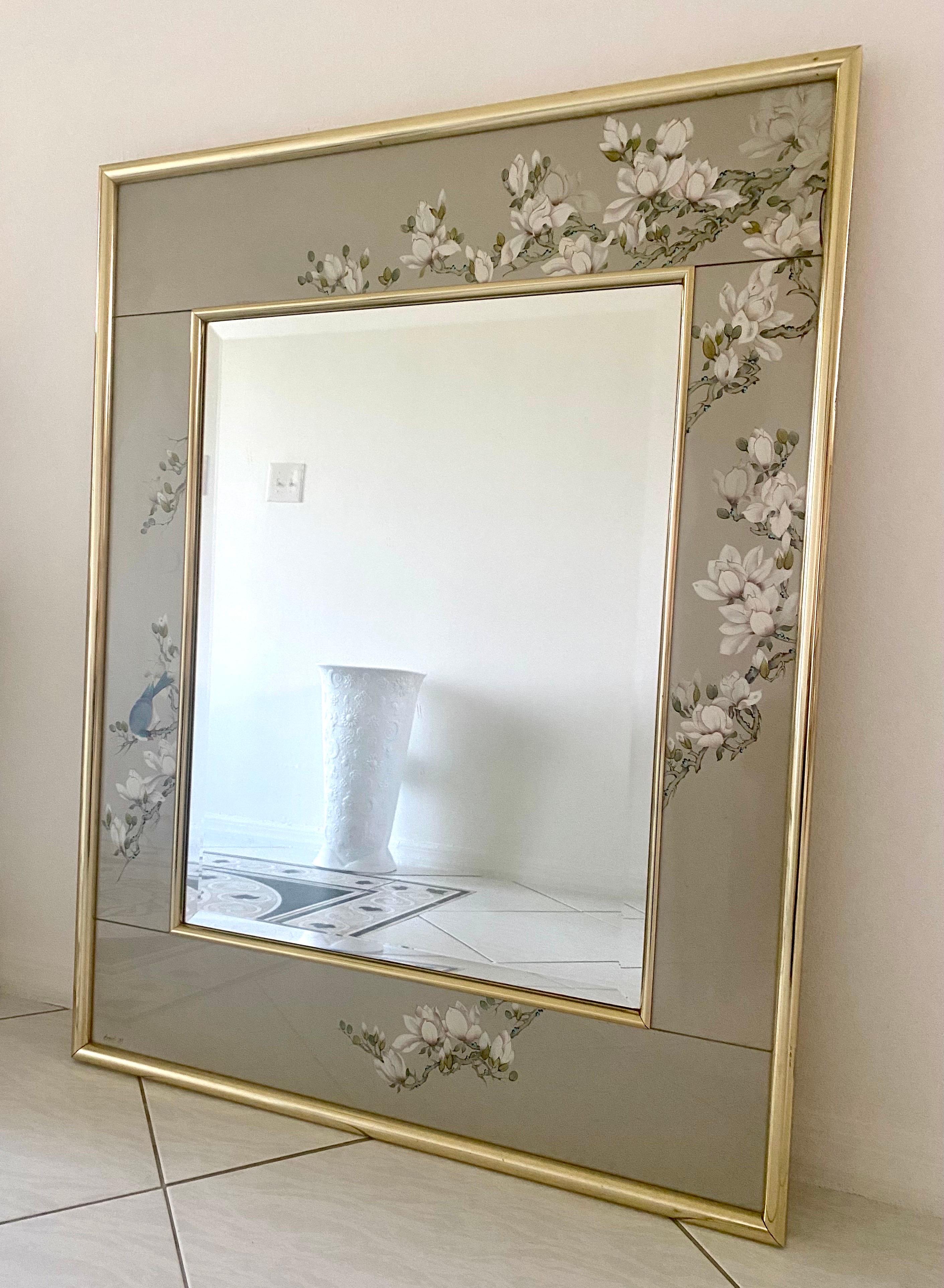 La Barge Hand Painted Eglomise Glass Frame with Beveled Mirror For Sale 7