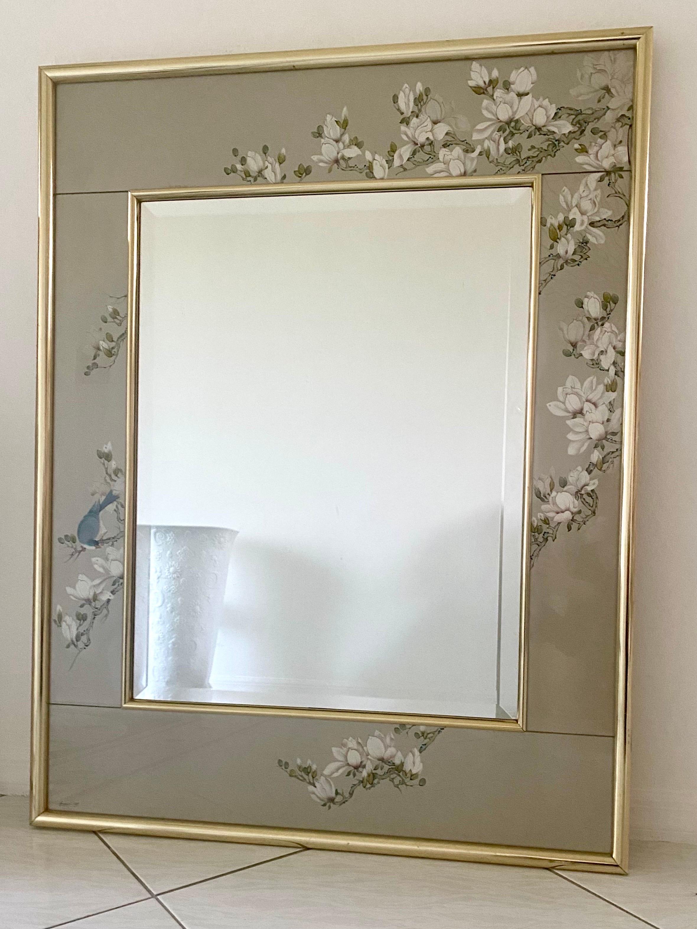 American La Barge Hand Painted Eglomise Glass Frame with Beveled Mirror For Sale