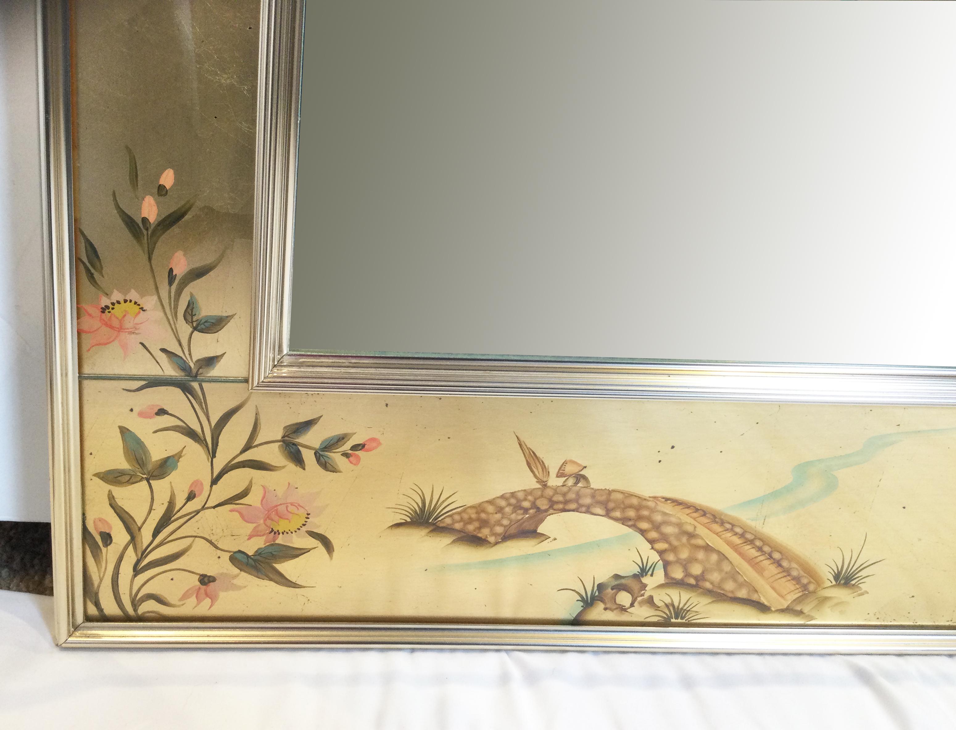 La Barge Reverse Hand Painted Chinoiserie Mirror, Signed and Dated 1979 In Good Condition In Lambertville, NJ