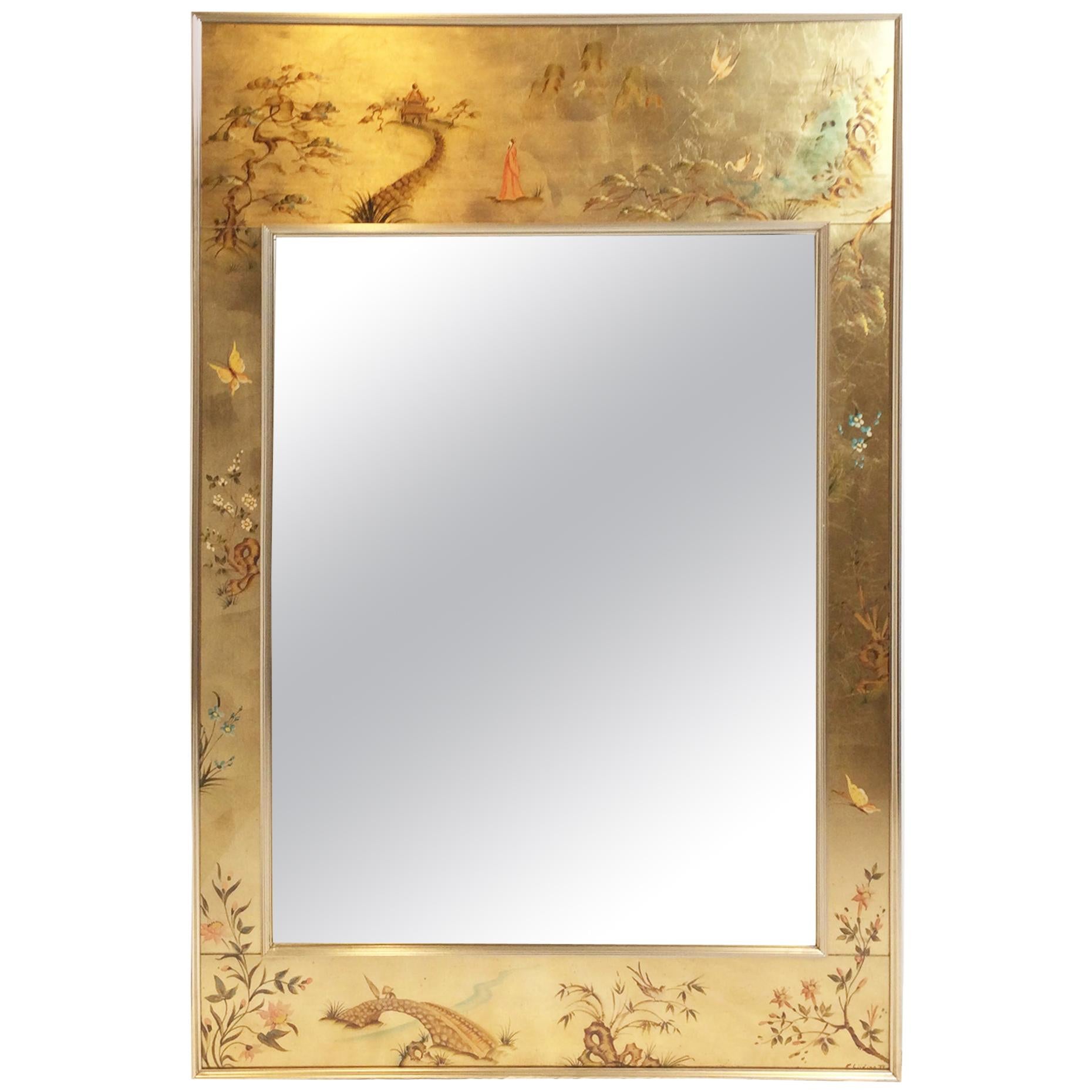 La Barge Reverse Hand Painted Chinoiserie Mirror, Signed and Dated 1979