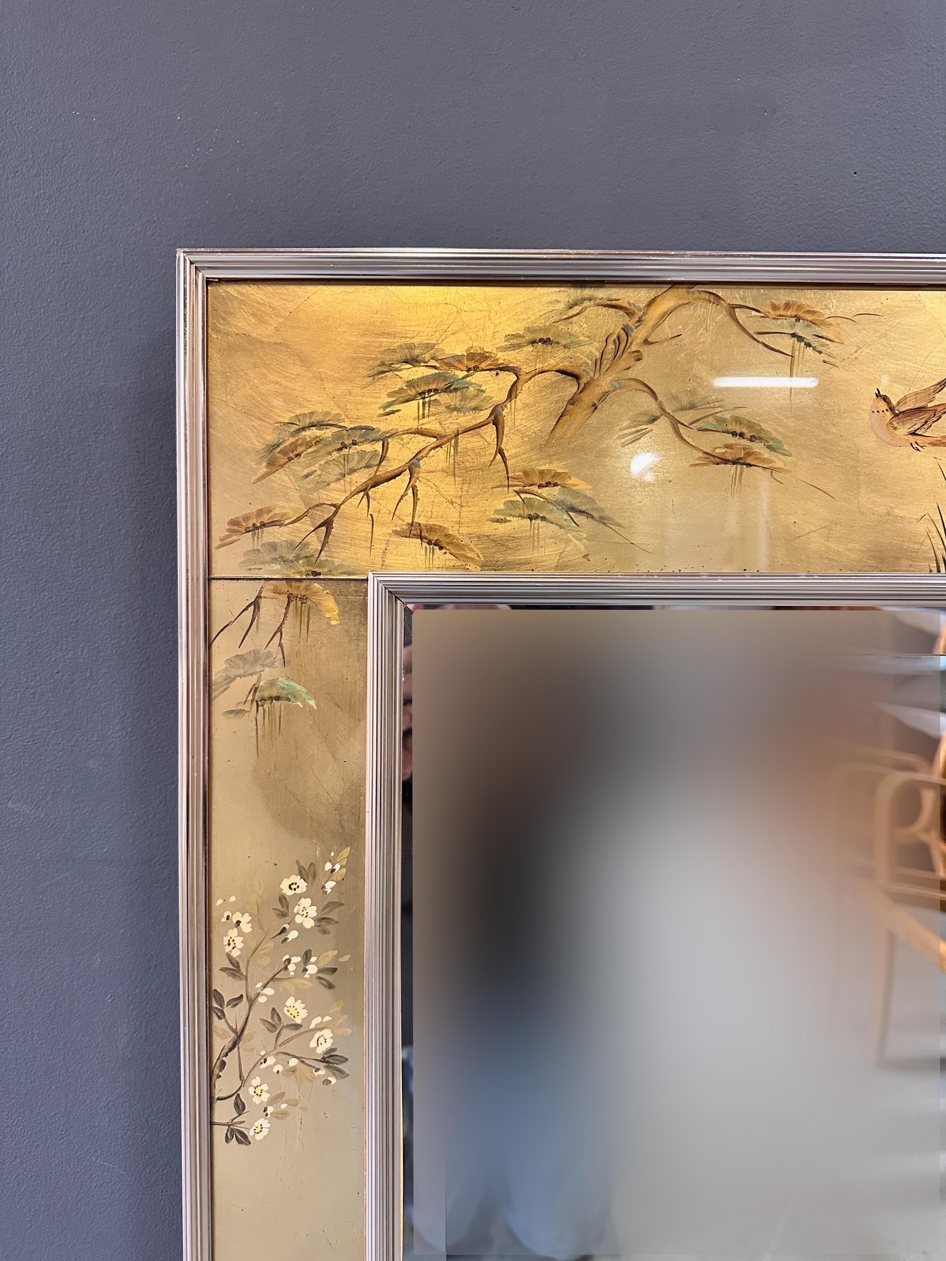 Hollywood Regency La Barge Square Eglomise Wall Mirror with Chinoiserie Natural Scene Mid Century For Sale