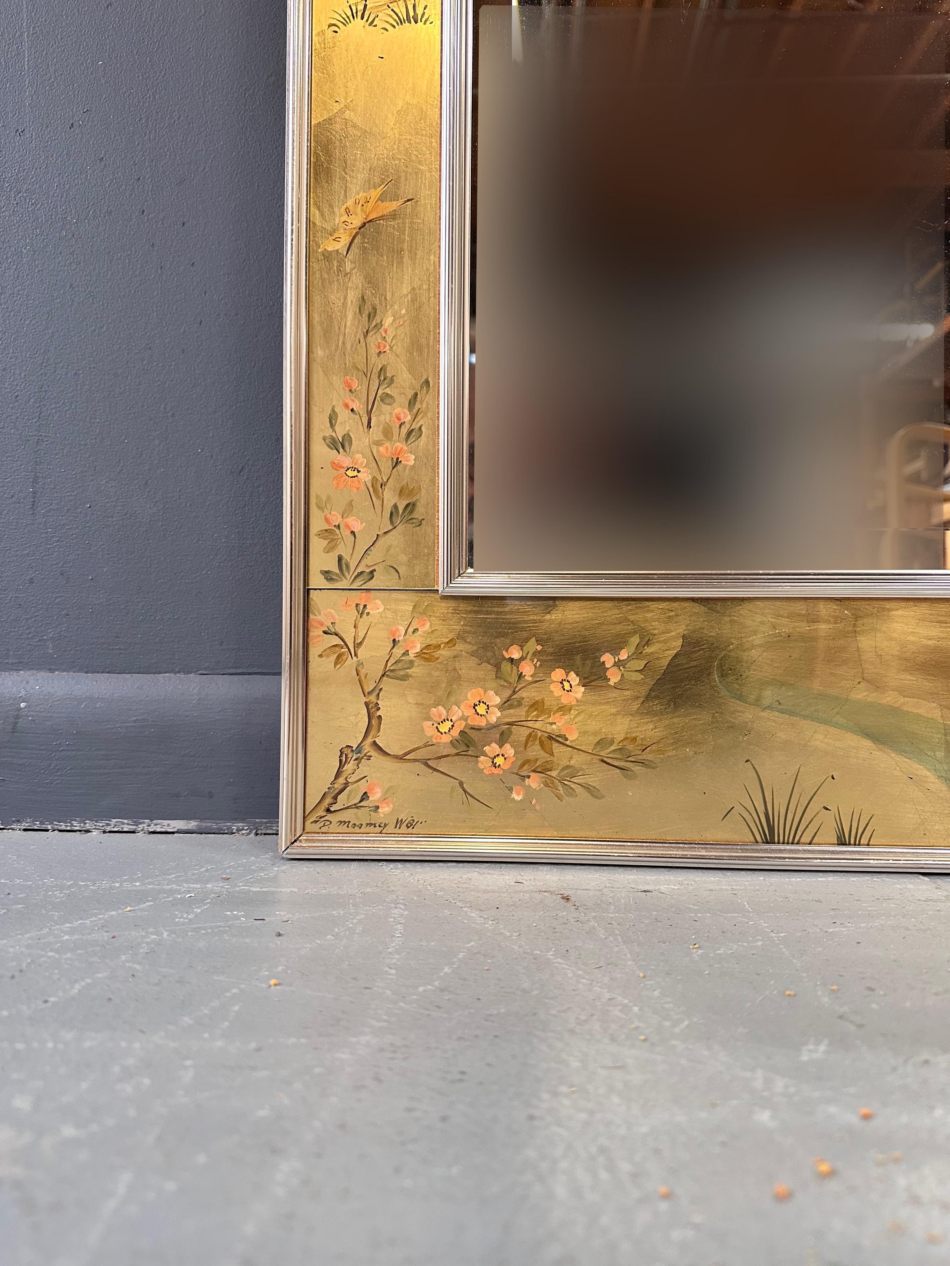 North American La Barge Square Eglomise Wall Mirror with Chinoiserie Natural Scene Mid Century For Sale
