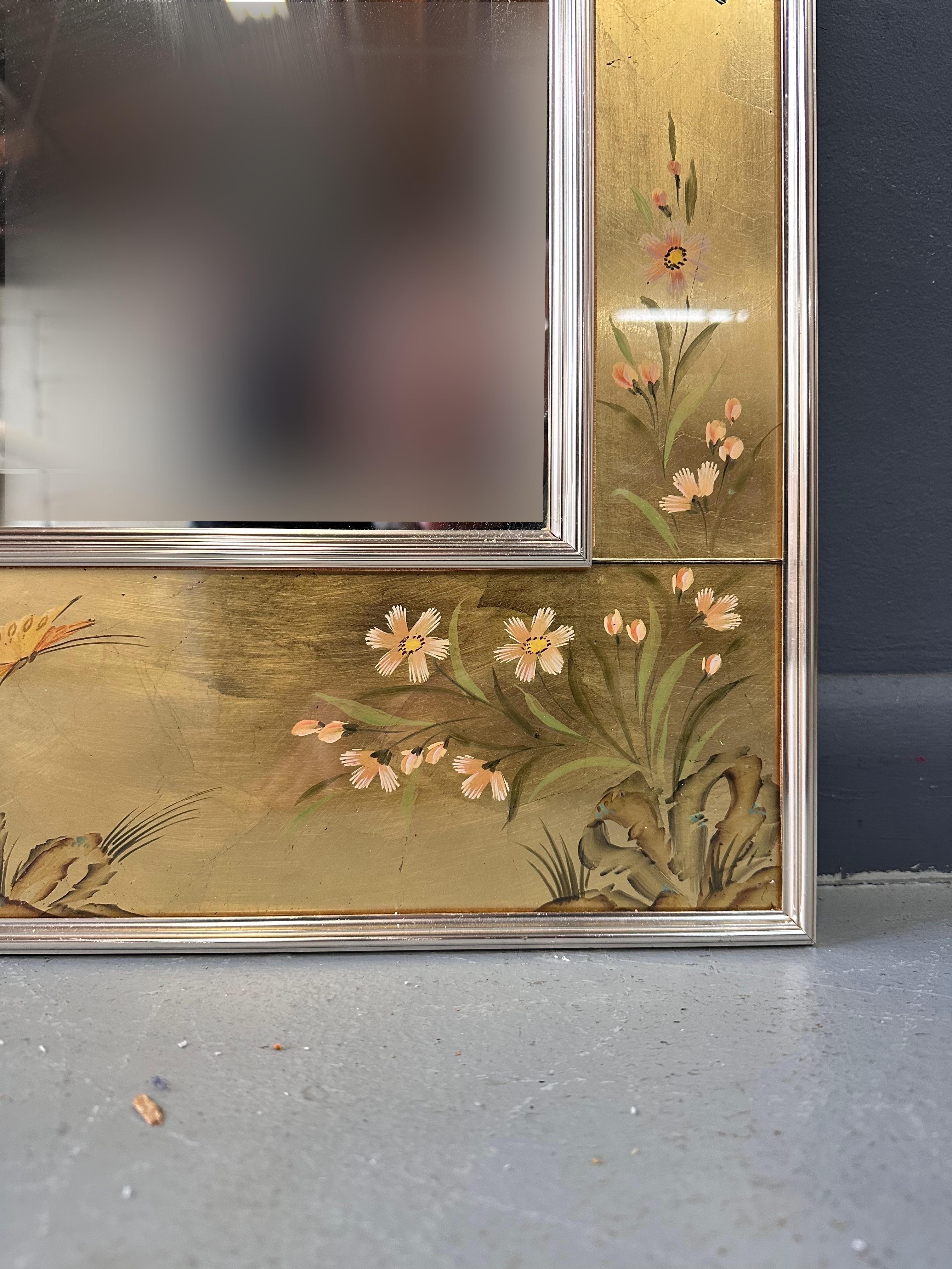 La Barge Square Eglomise Wall Mirror with Chinoiserie Natural Scene Mid Century In Good Condition For Sale In Philadelphia, PA