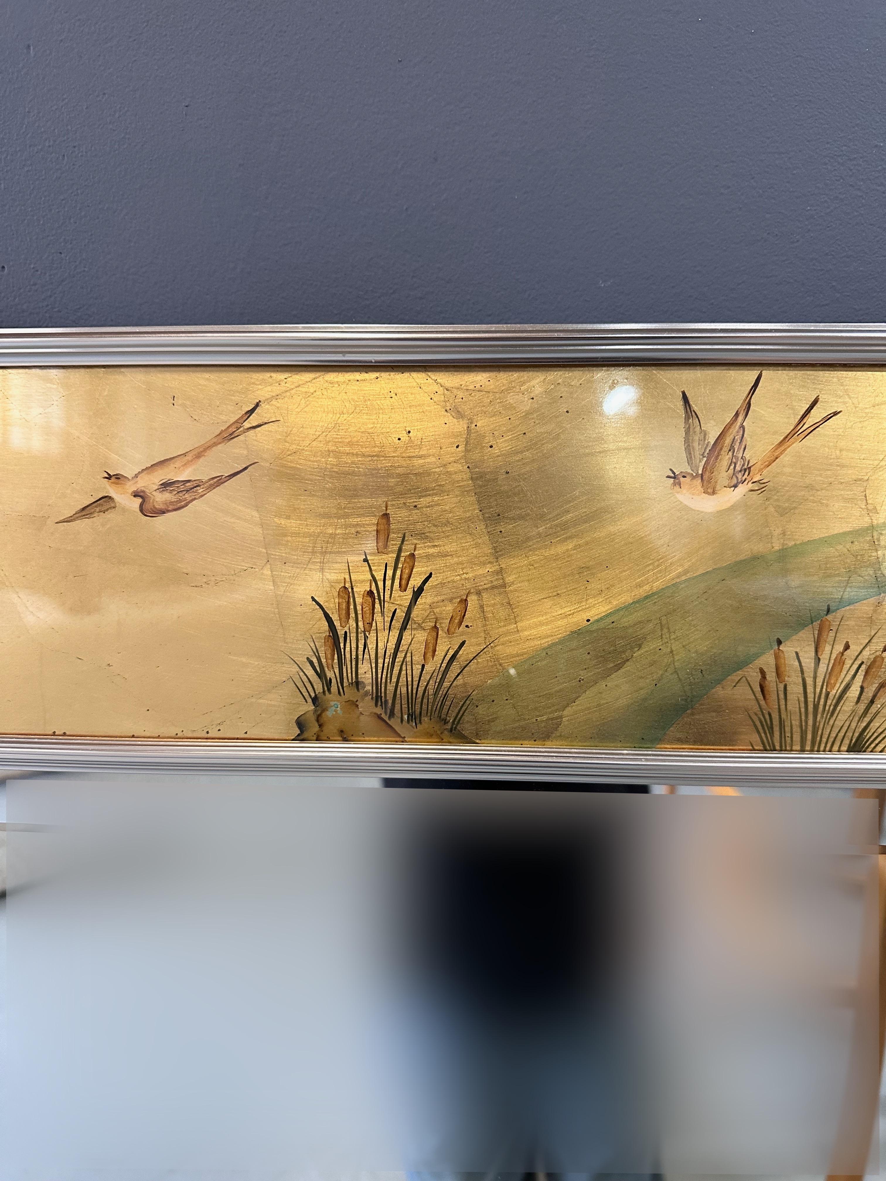 20th Century La Barge Square Eglomise Wall Mirror with Chinoiserie Natural Scene Mid Century For Sale