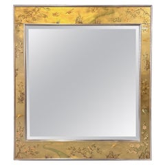 Miroir mural carré églomisé La Barge avec scène naturelle chinoiseries mi-siècle