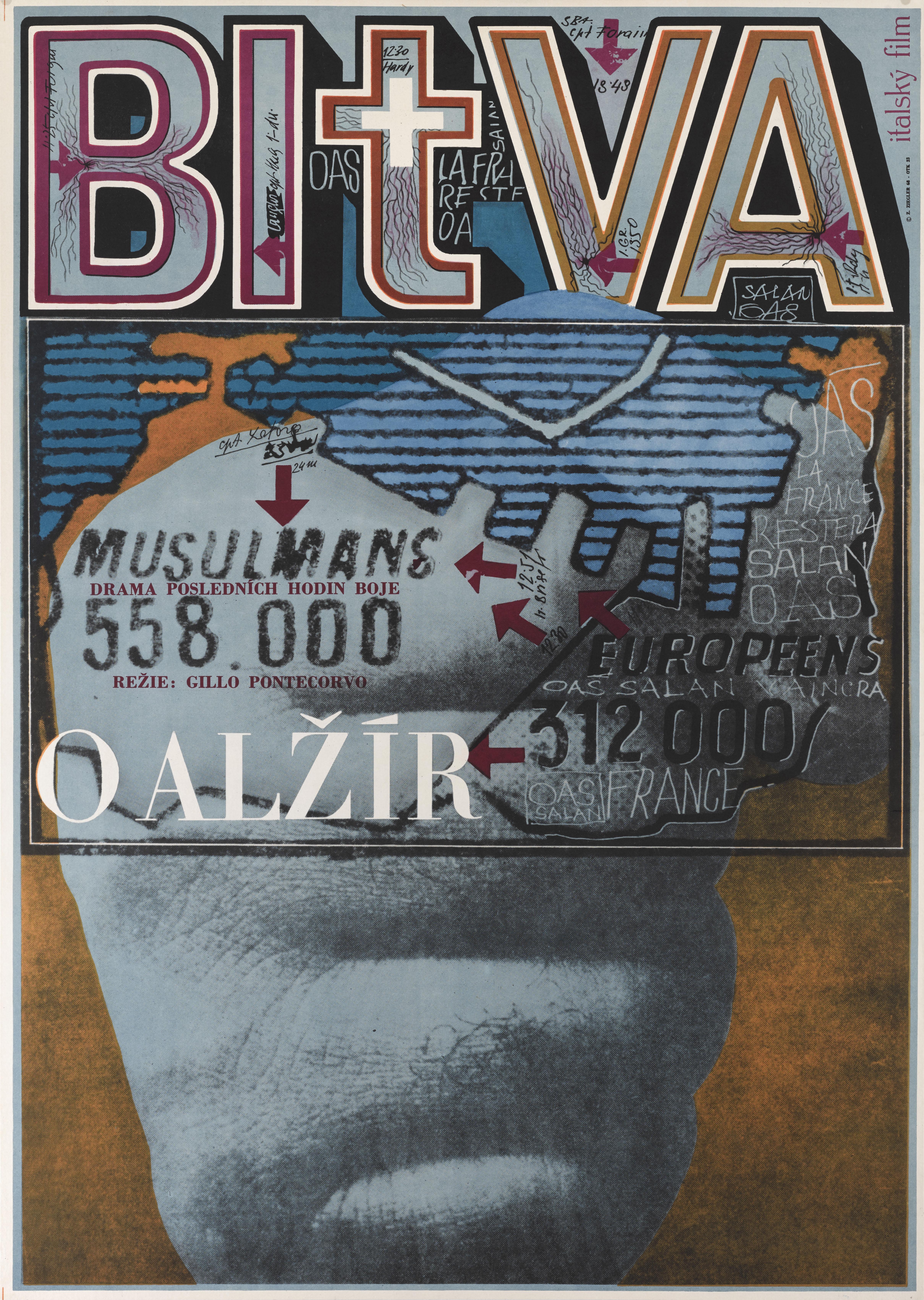 Original Czechoslovakian film poster for the 1966 War drama directed by Gillo Pontecorvo and starred Brahim Hadjadj, Jean Martin and Yacef Saadi.
This extremely cool poster was designed by the Czech artist Zdenek Ziegler (b.1932)
This poster is