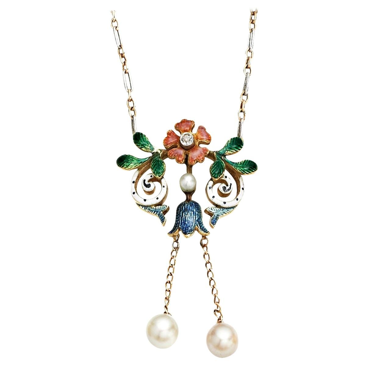 La Belle Époque Pearl, Diamond and Enamel Drop Necklace