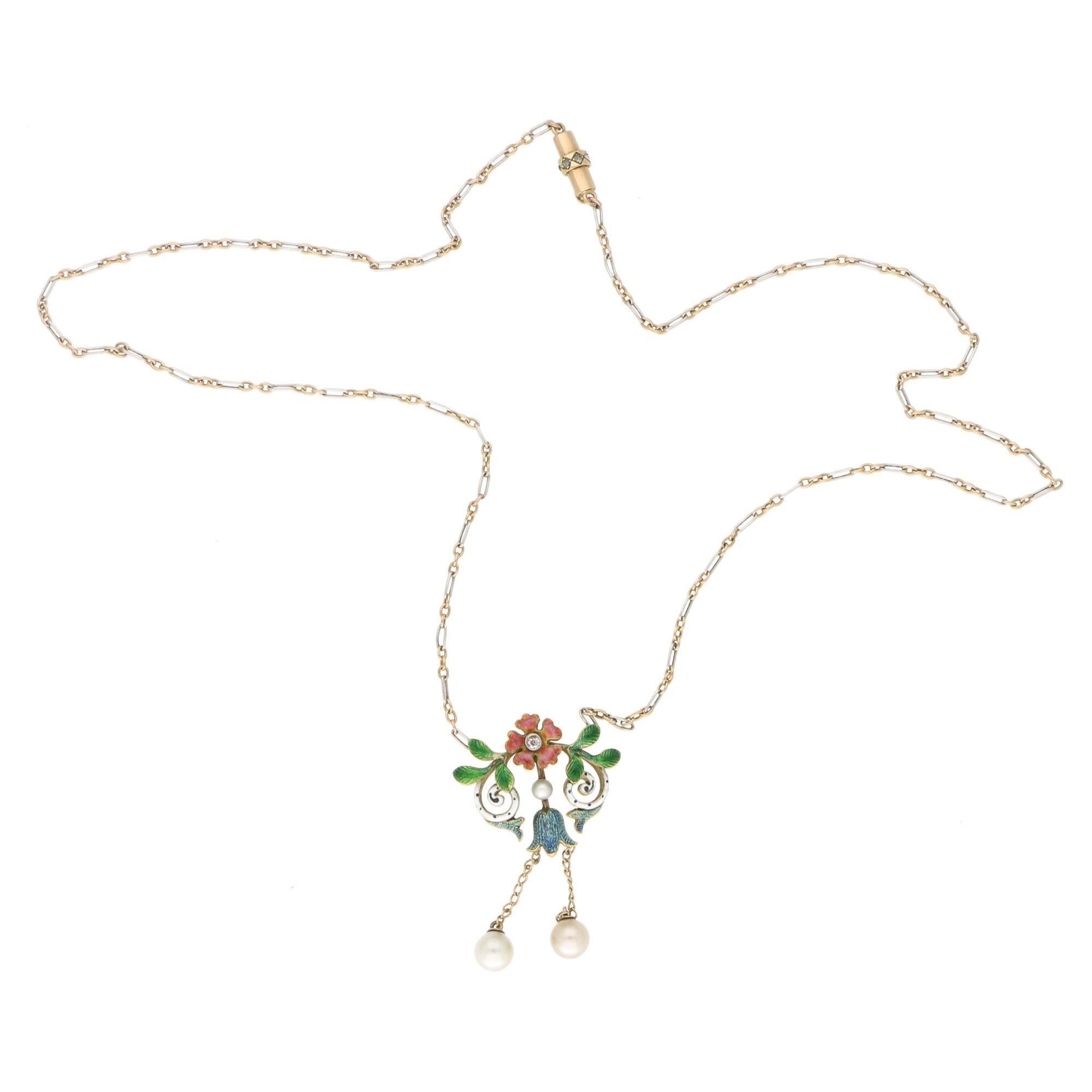 La Belle Époque Pearl, Diamond and Enamel Drop Necklace In Good Condition In London, GB