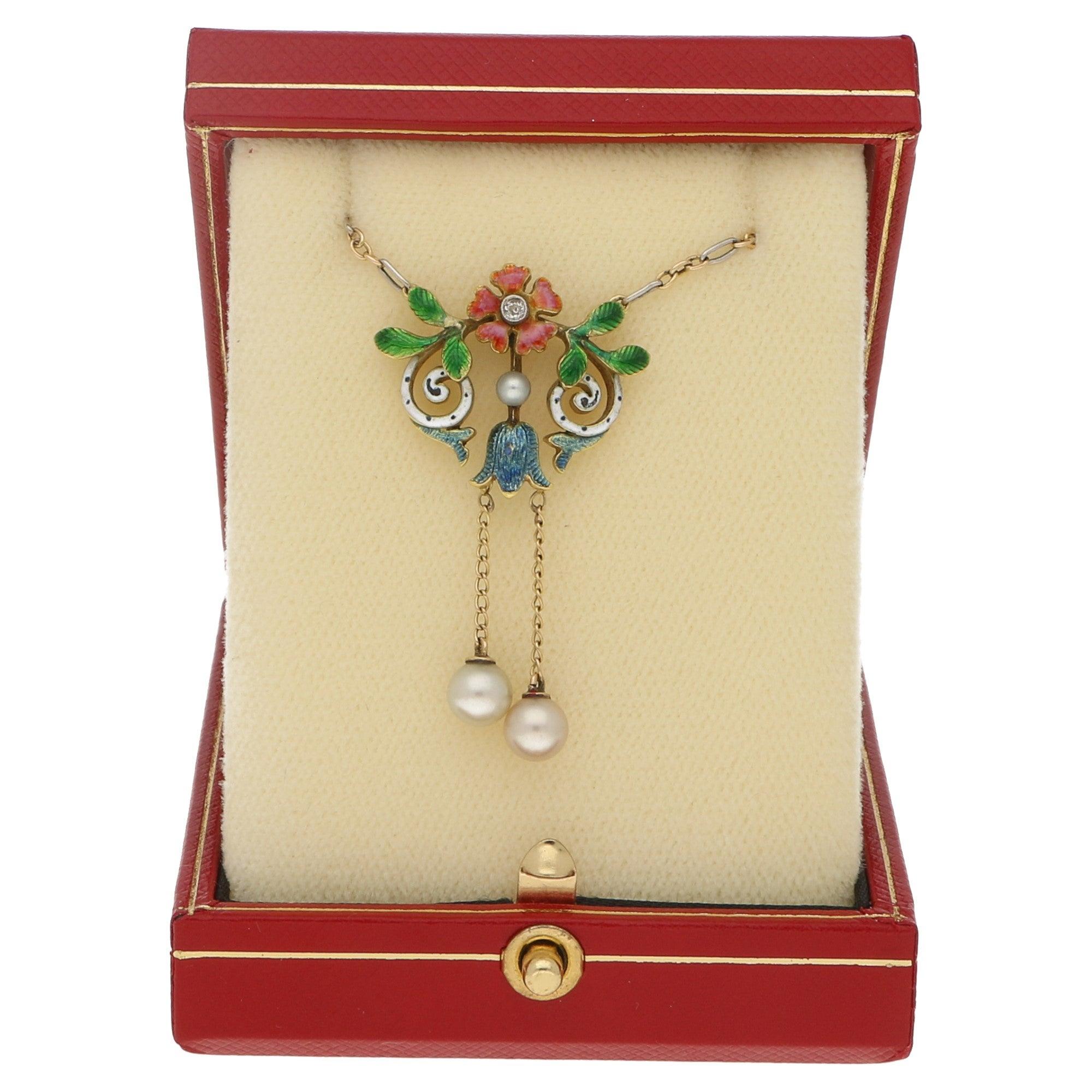 La Belle Époque Pearl, Diamond and Enamel Drop Necklace 1