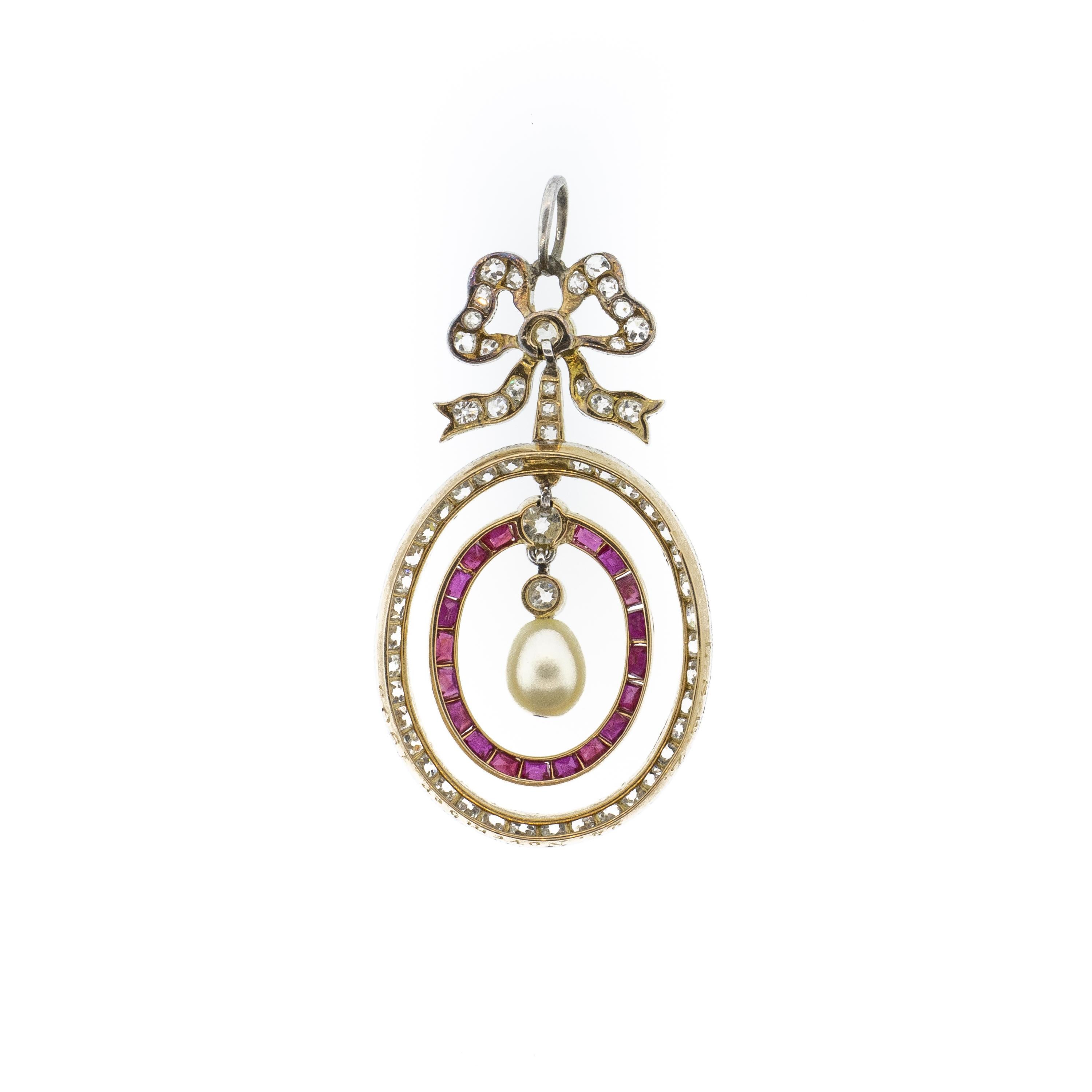 Late Victorian La Belle Epoque Pearl & Ruby Platinum Overlaid Yellow Gold Necklace For Sale