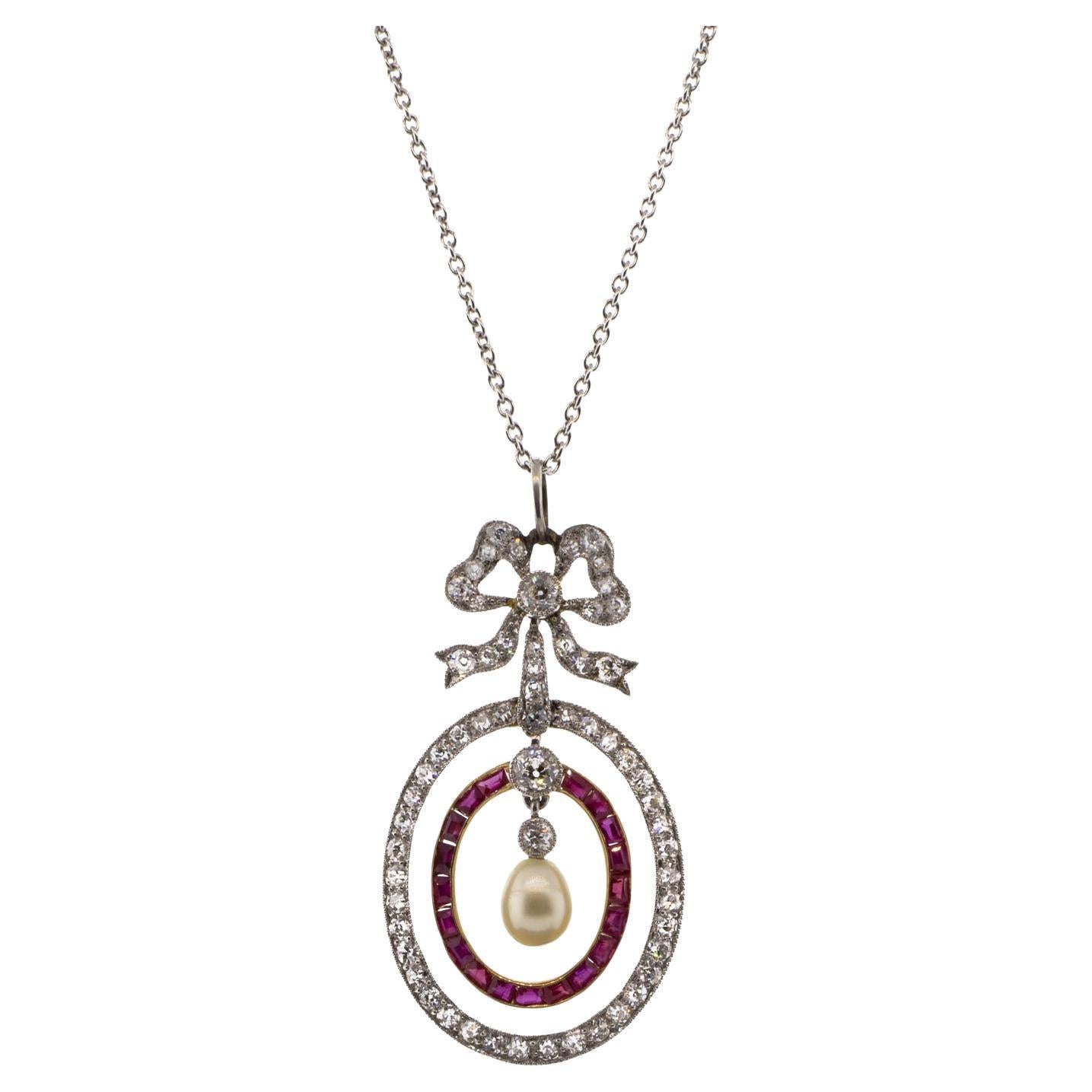 La Belle Epoque Pearl & Ruby Platinum Overlaid Yellow Gold Necklace For Sale