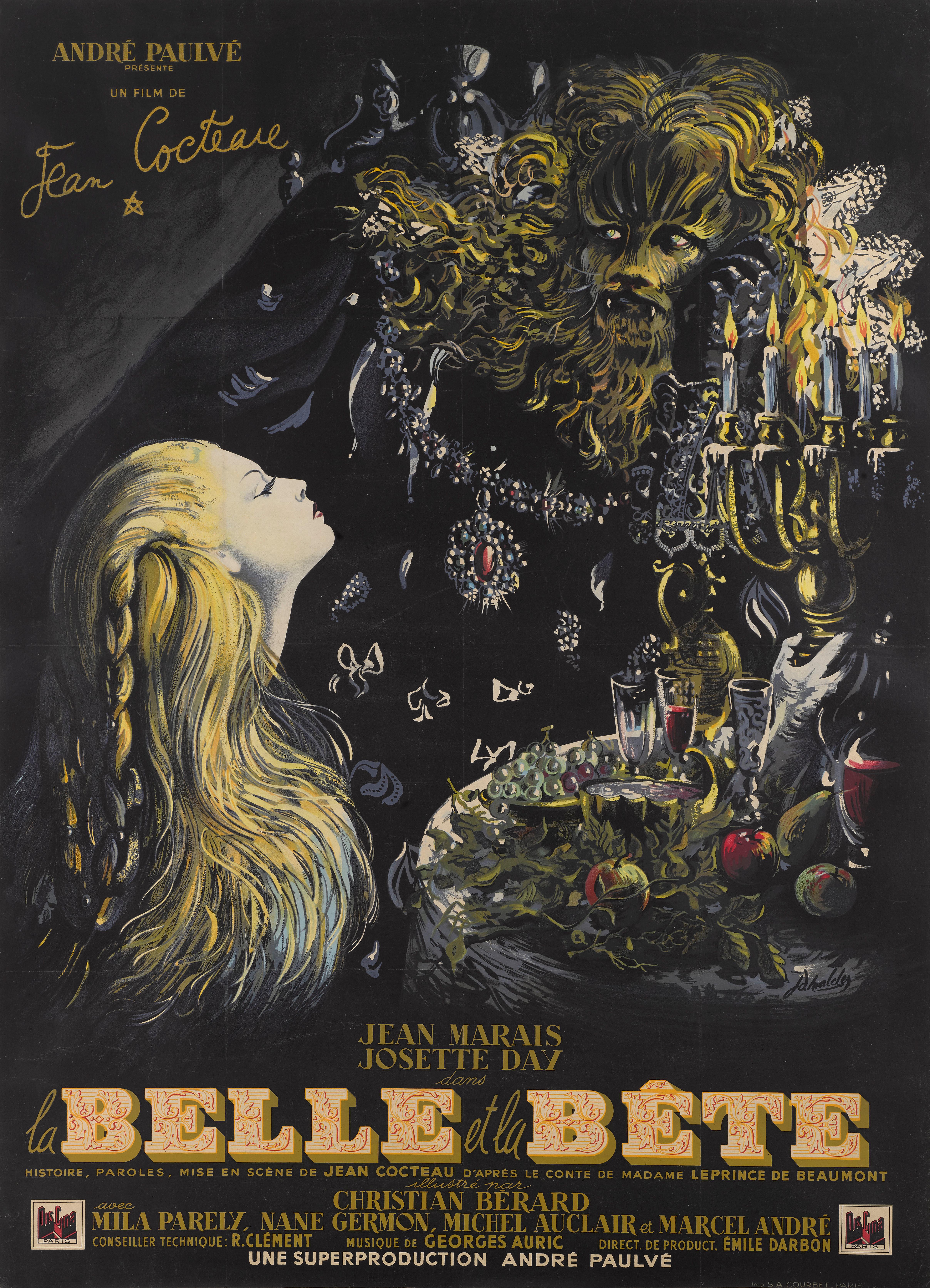 Original French film poster from the Classic 1946 fantasy film.
Gabrielle-Suzanne Barbot de Villeneuve's novel, La Belle et la Bête, was published in France in 1740. In 1946 Jean Cocteau adapted the book into its first feature film. Cocteau's